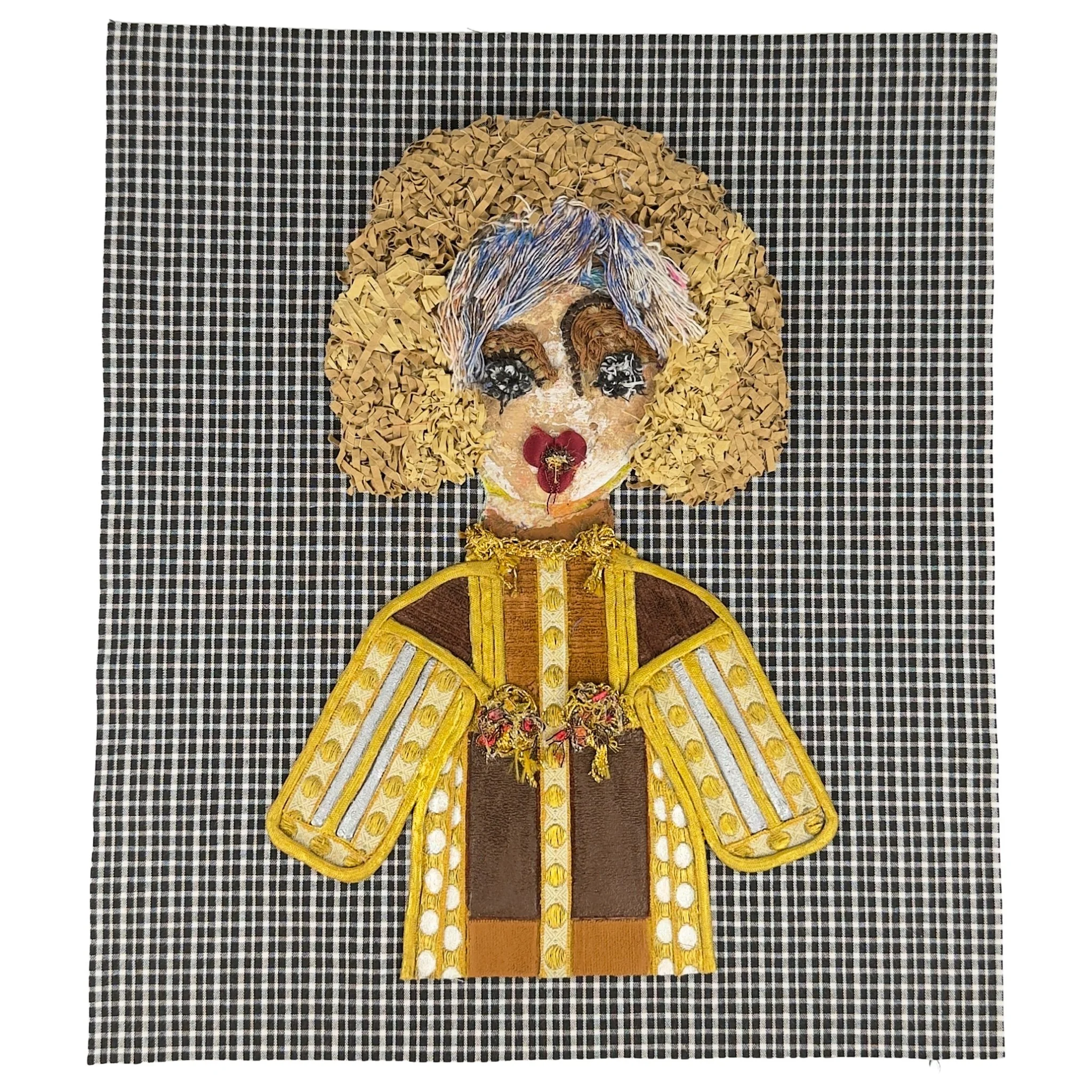 Mixed-media textile artwork titled Dolly by Evangelina Roa, showing a portrait composed of fabric scraps, thread scraps, paper, zipper parts, adhesive, and layered stitching.