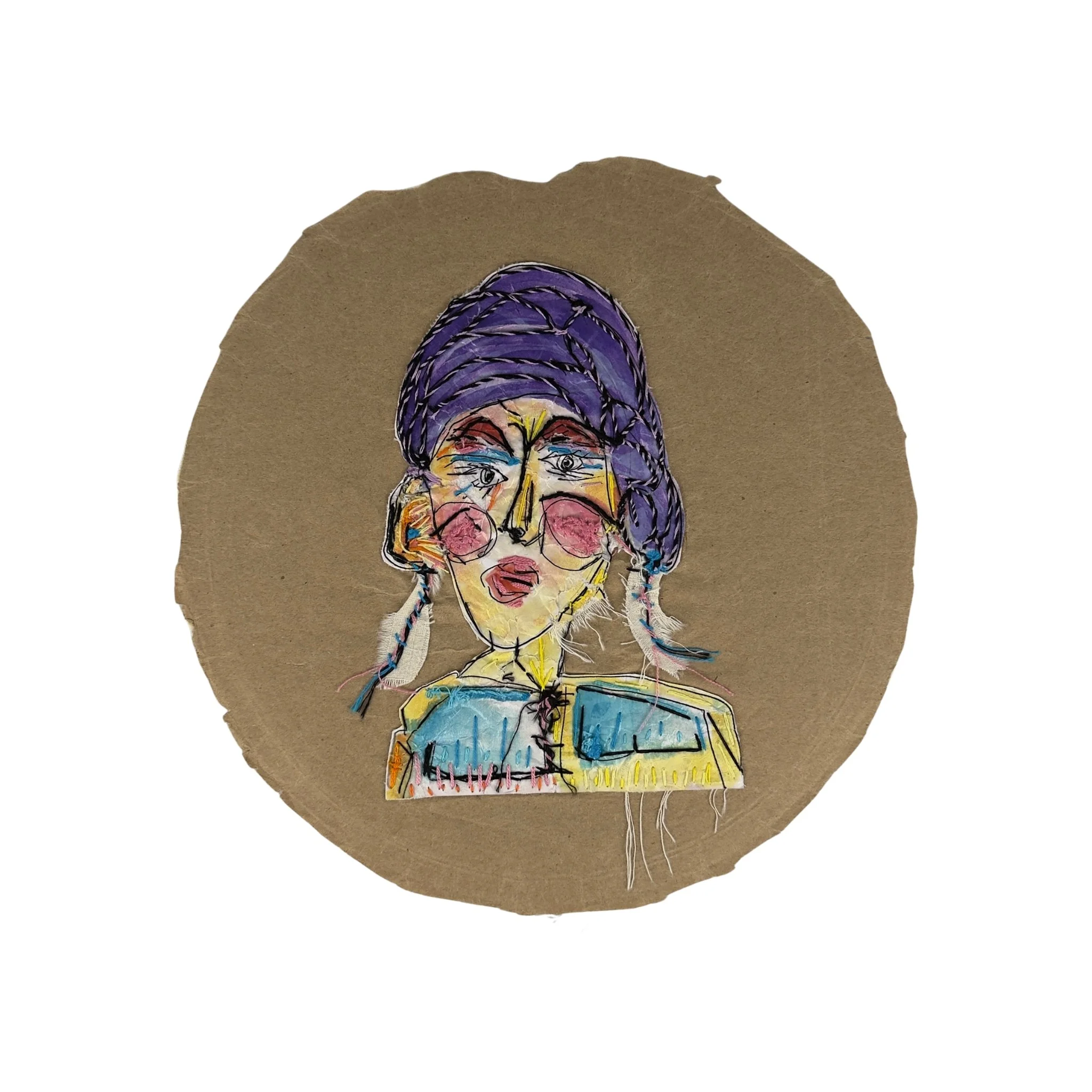 Mixed-media textile artwork titled GiGi by Evangelina Roa, showing a portrait composed of fabric, thread scraps, paper, markers, hand stitching, and adhesive.