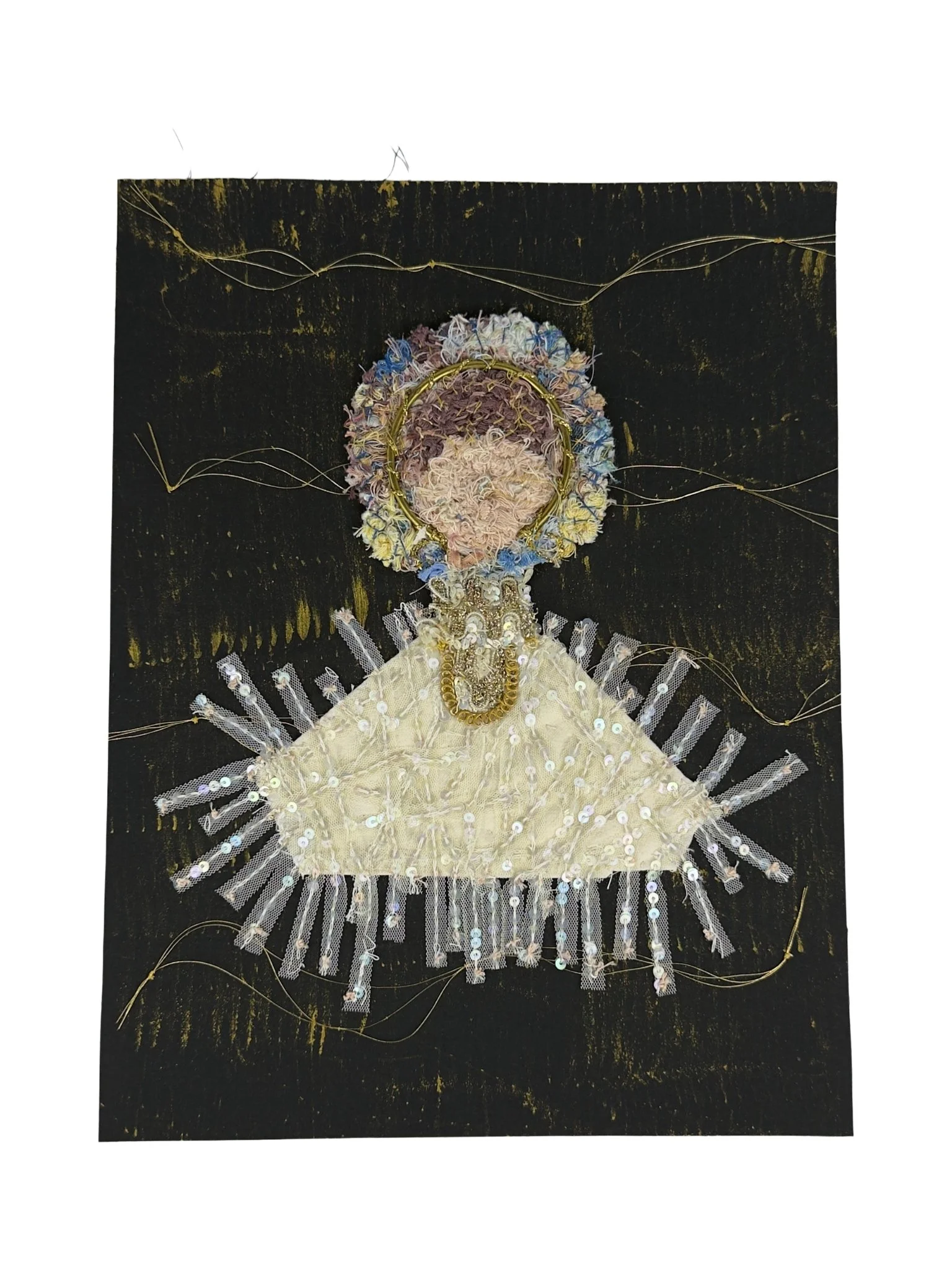 Mixed-media textile portrait titled Catherine the Magnetic by Evangelina Roa, featuring a solitary floating figure created with layered fabric, thread scraps, found elements, appliqué, and hand stitching.