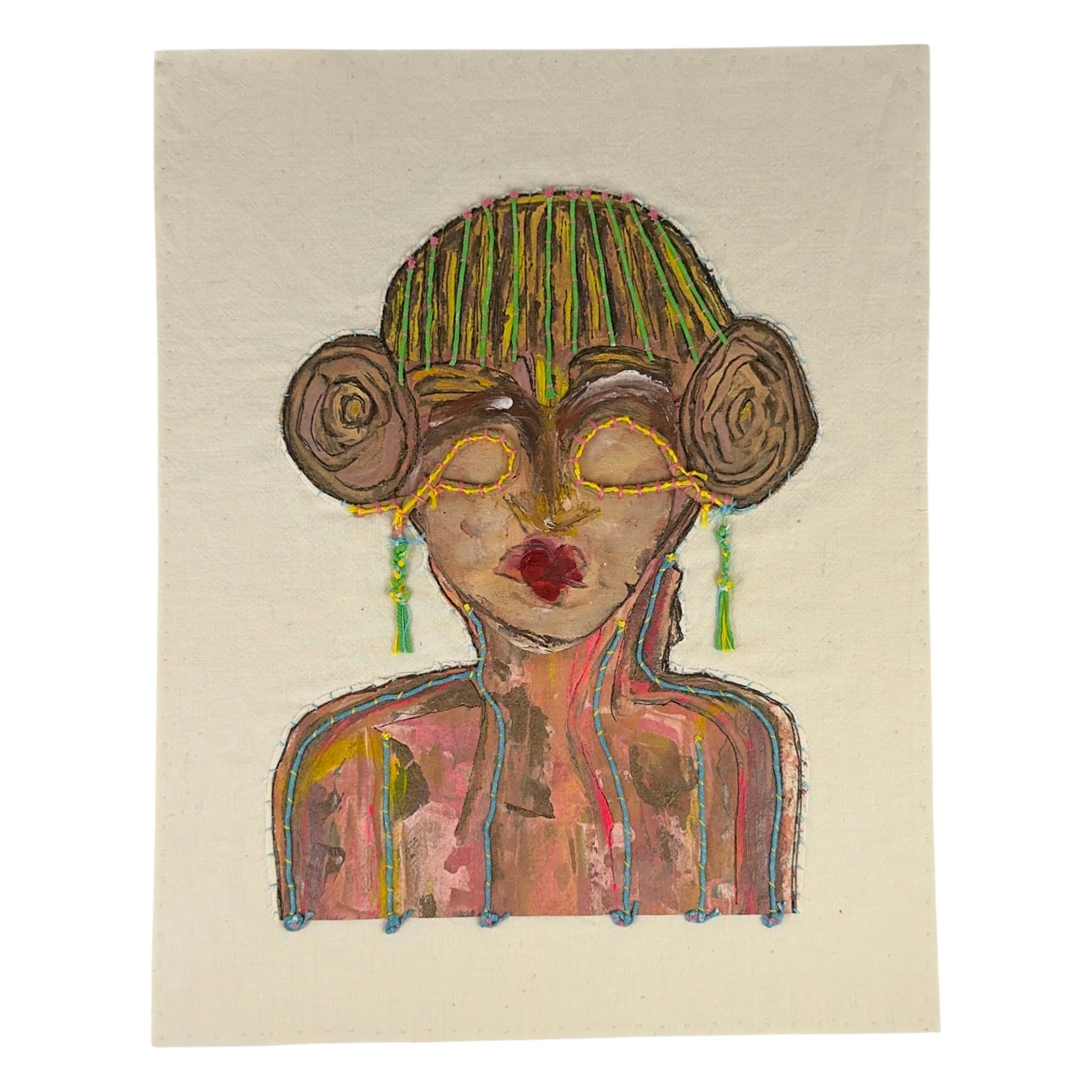 Mixed-media textile artwork titled Cord Girl by Evangelina Roa, showing a portrait composed of fabric scraps, thread scraps, embroidery thread, cord, acrylic paint, and stitching.