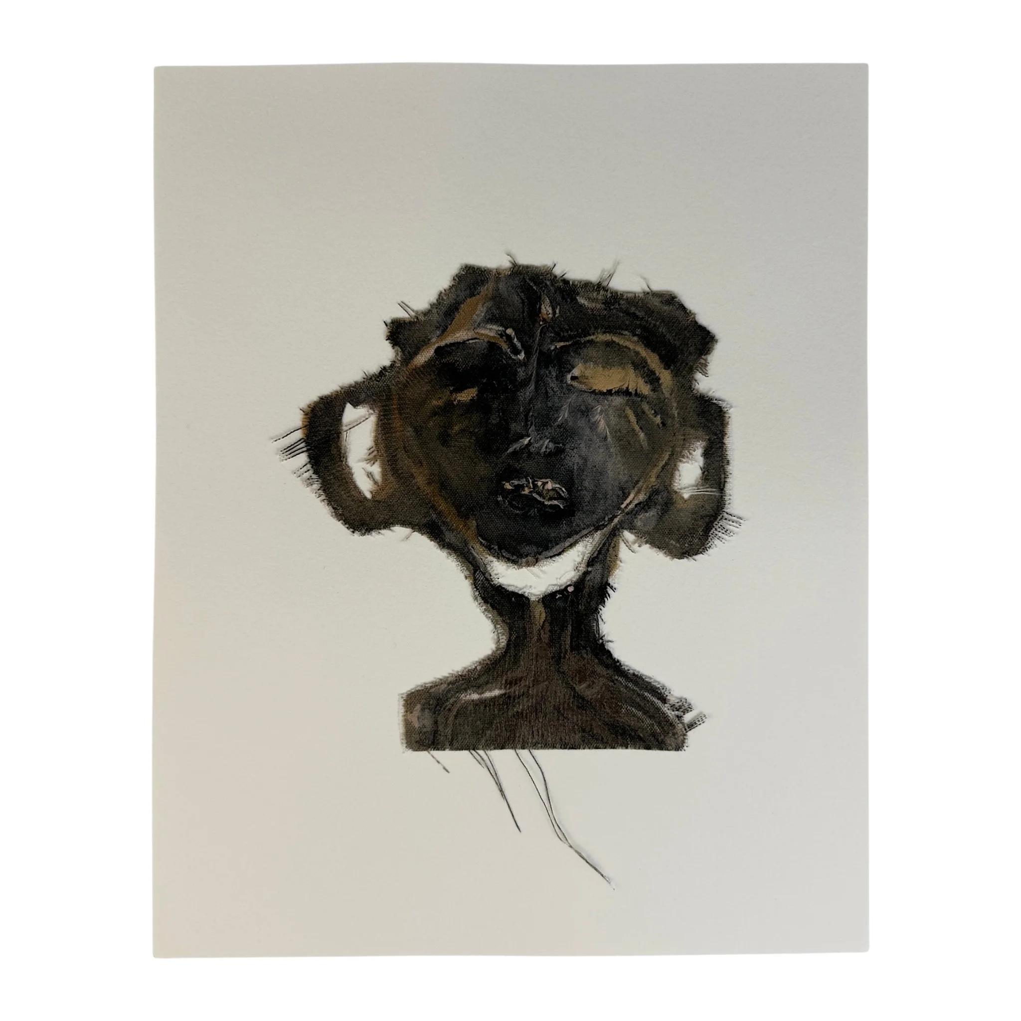 Mixed-media textile artwork titled Trophy of Agony by Evangelina Roa, showing a portrait composed of layered fabric, thread scraps, watercolor paper, acrylic paint, and adhesive.