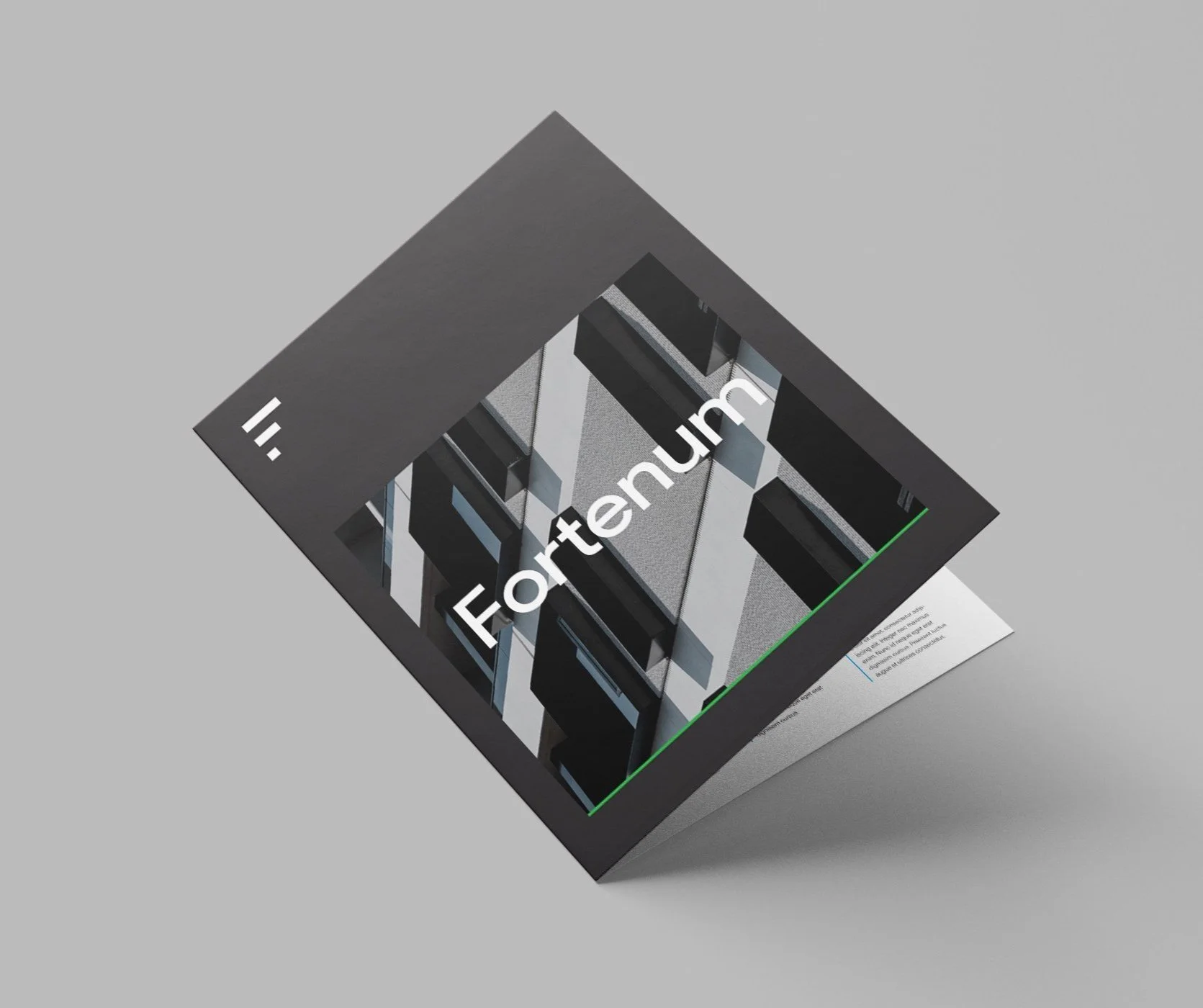 A multilingual booklet titled 'Fortenum', with a black cover, resting on a light grey surface, featuring images of modern building facades.