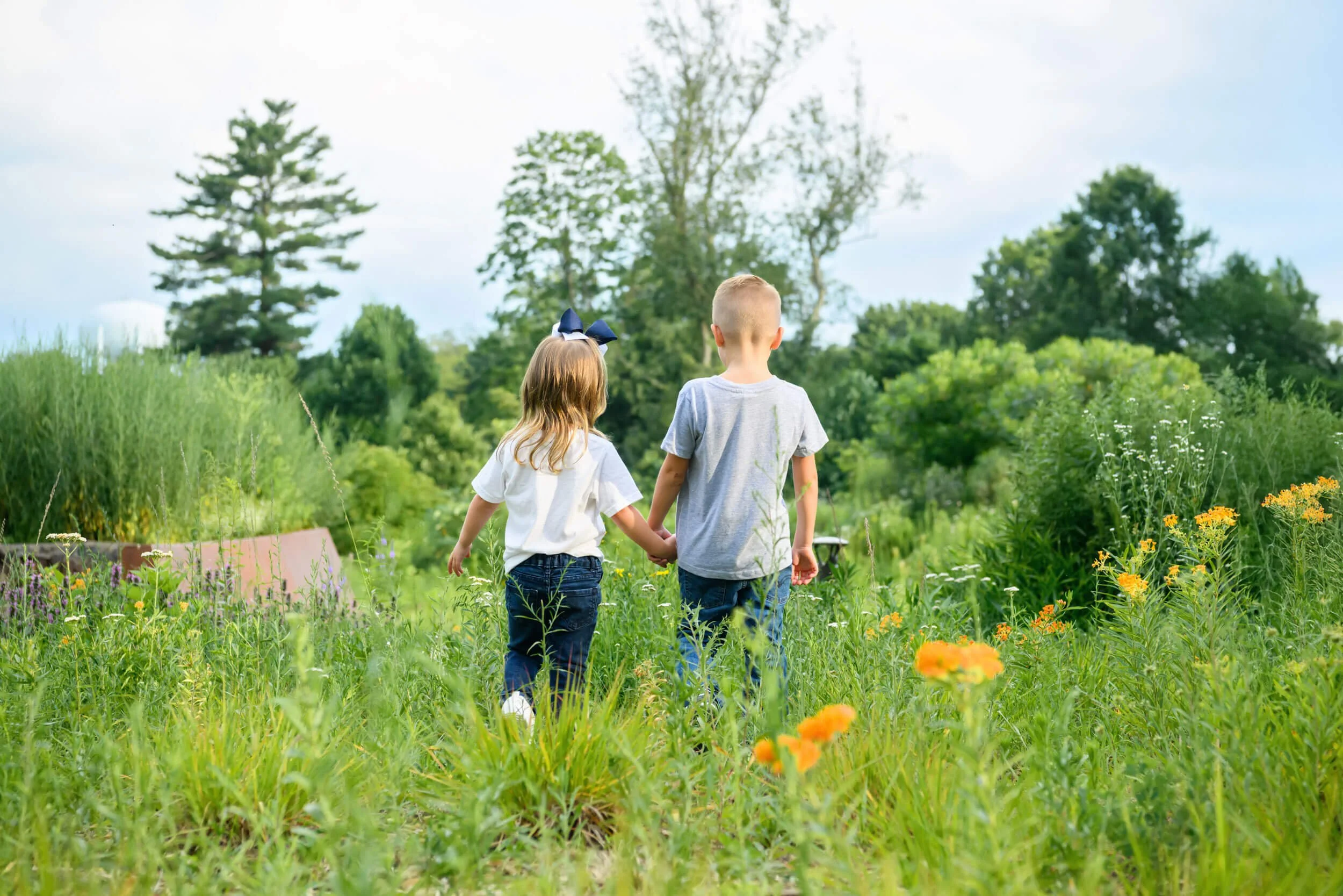 family photo session with Tish OConnor Photography at Penn State Arboretum of little brother and sister holding hands walking away in field