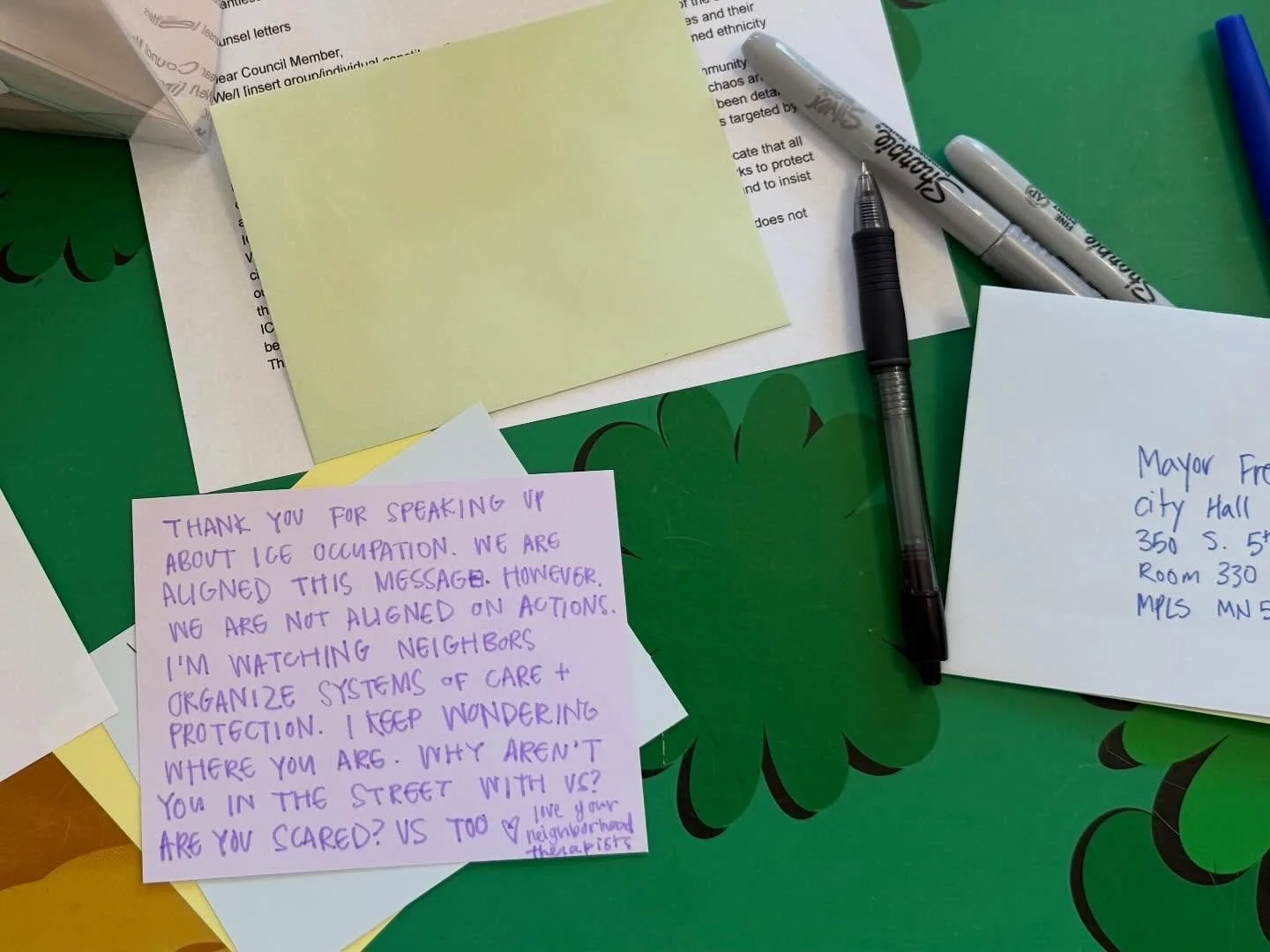 Today @inner.rhythms.yoga led us in a somatic practice and some song and we spent time reflecting on what it means to be a therapist in Minneapolis at such a time as this. 

We ended our time by writing letters to our reps asking for more tangible su