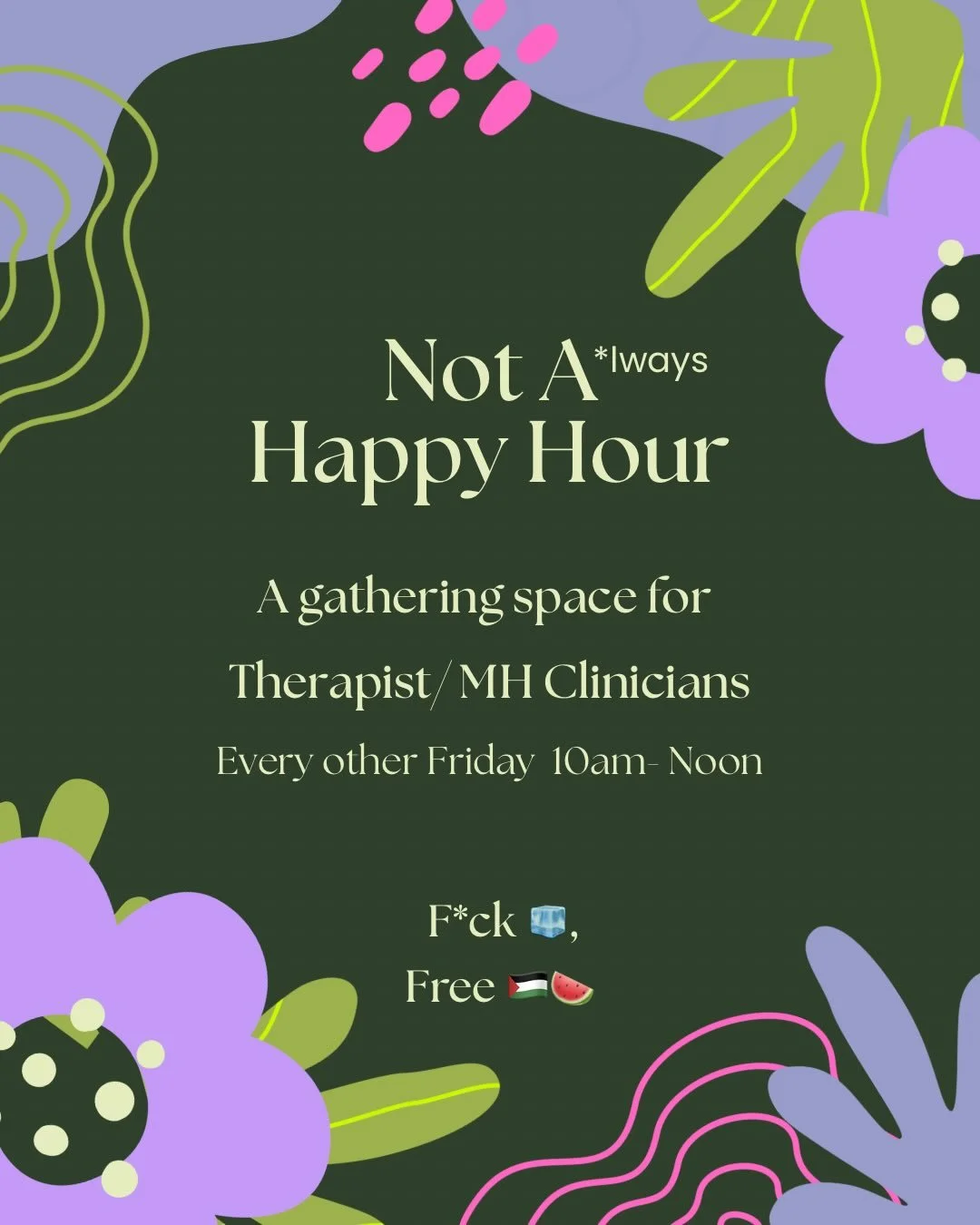 Looking forward to seeing everyone next Friday! 

This is a gathering space outside of the workplace to connect with other therapists. A place to reflect on self as a therapist. To share resources, offerings, ask for support, and find better ways to 