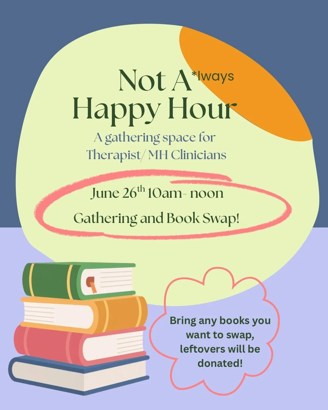 Getting this date out to everyone early! (Will follow up with an email reminder if you are on our email list)

Our next date is Friday, June 26th 10-Noon. We are inviting you to bring a book (therapy or non therapy related) or any resources (workbook