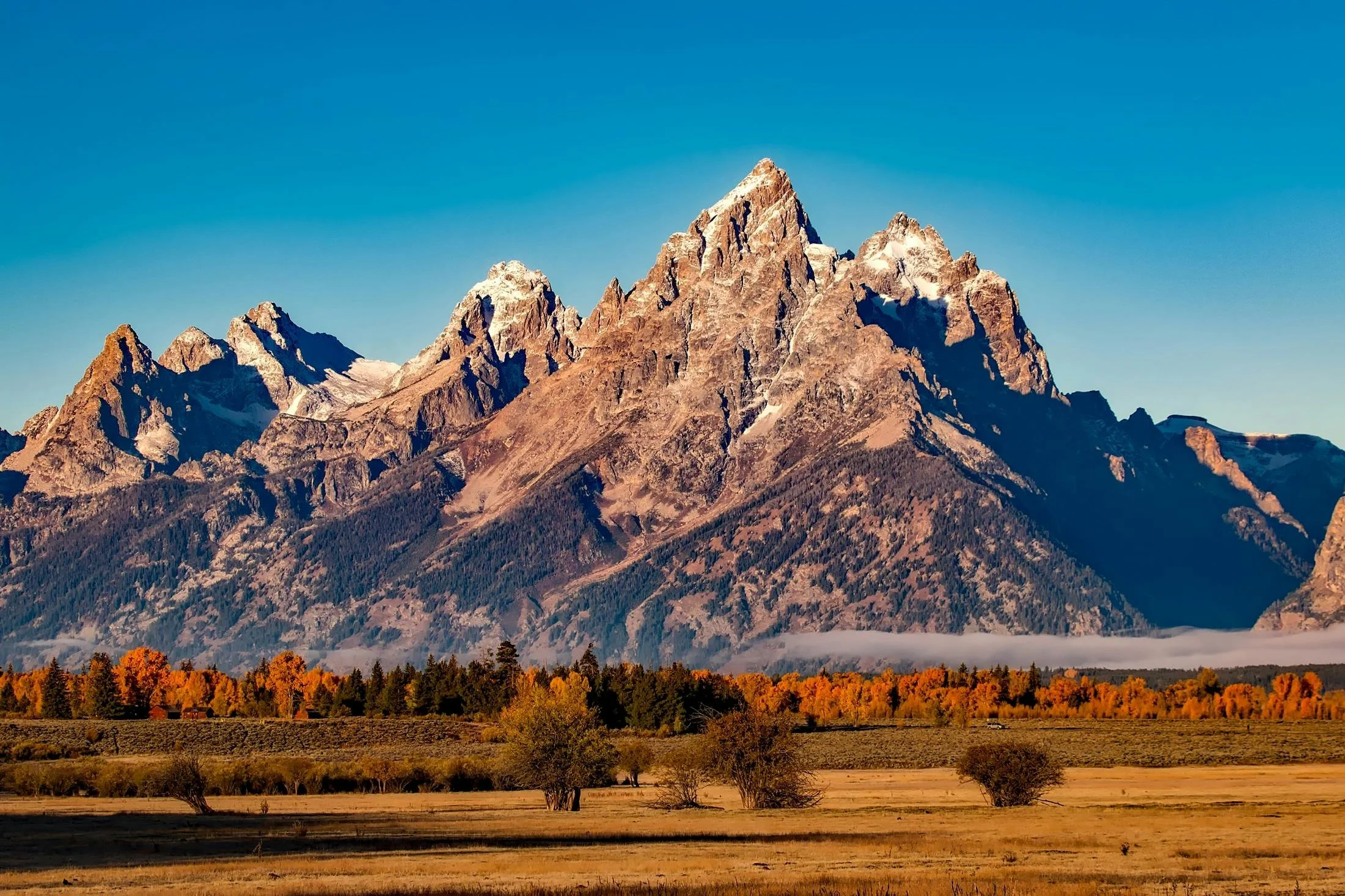 Scenic view of jagged, snow-capped mountain peaks under a clear blue sky, with forested slopes and an orange autumnal forest in the foreground.