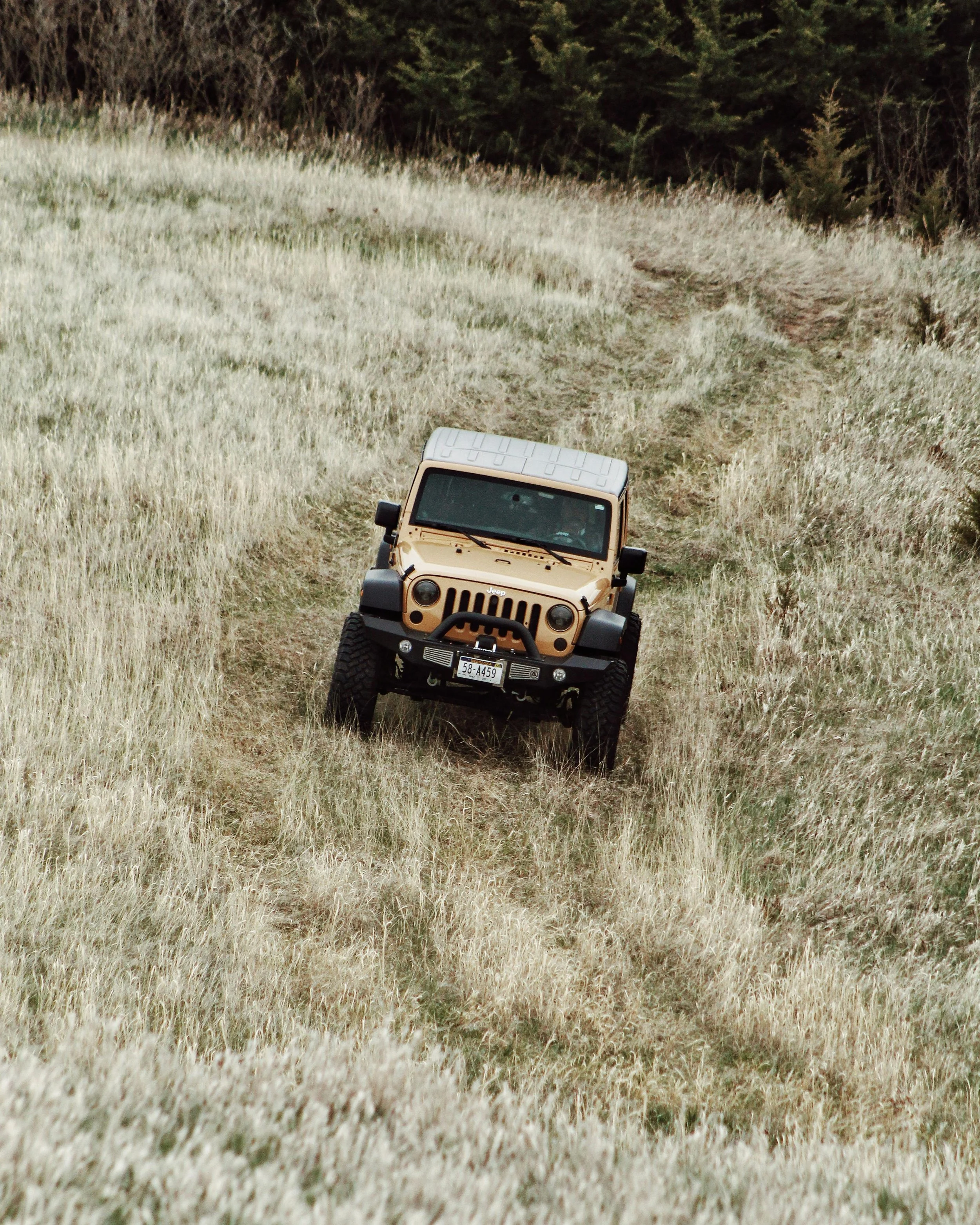 A beige Jeep off-road vehicle driving on a dirt path through a grassy field with trees in the background.