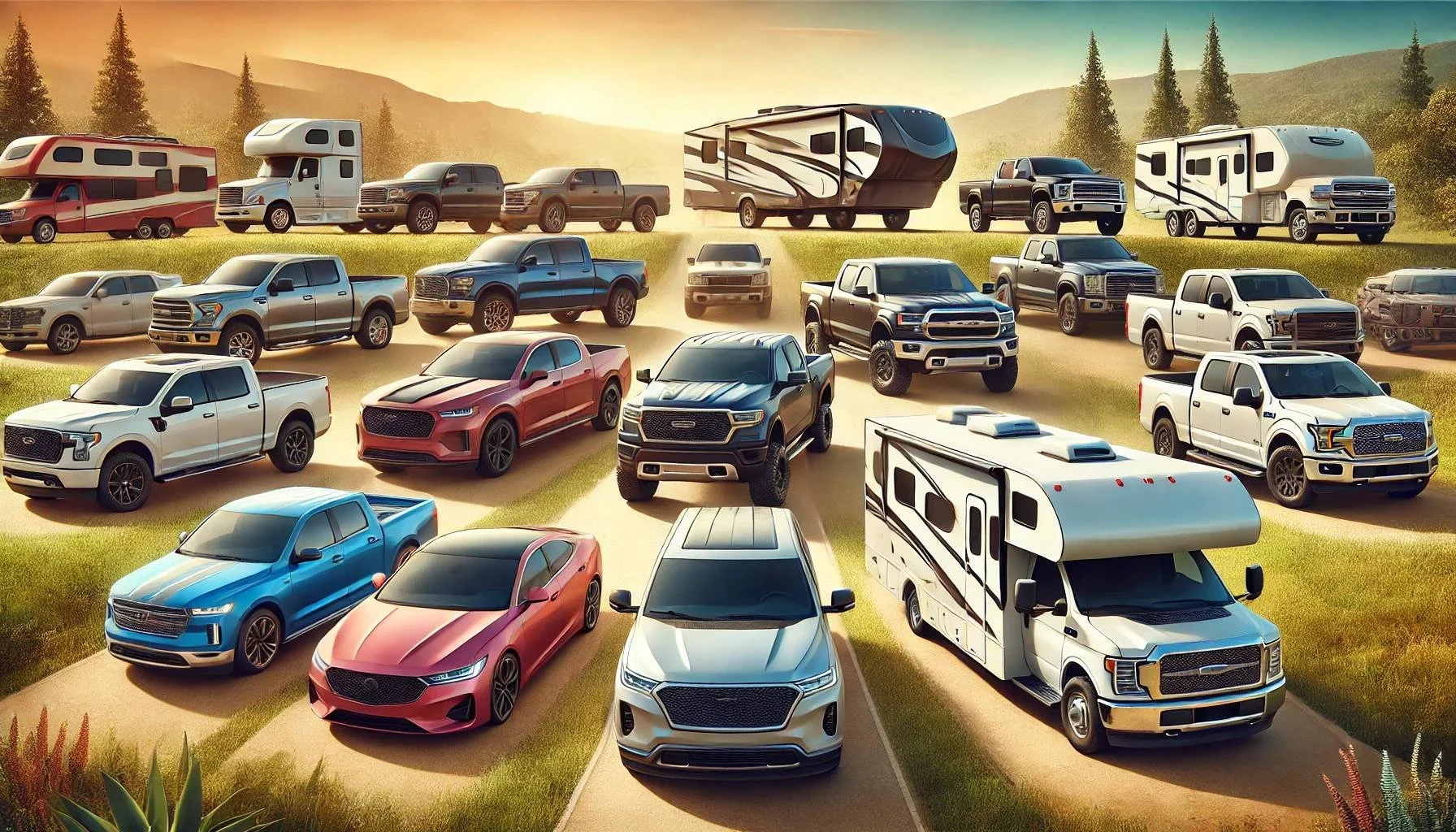 Various models of trucks, RVs, and SUVs parked on a grassy landscape with mountains and trees in the background during sunset.