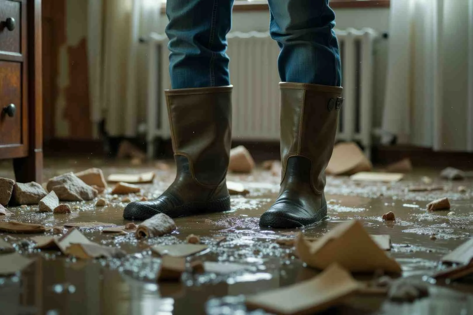 Person wearing rain boots standing on a wet, debris-covered floor inside a room with broken objects and scattered papers.