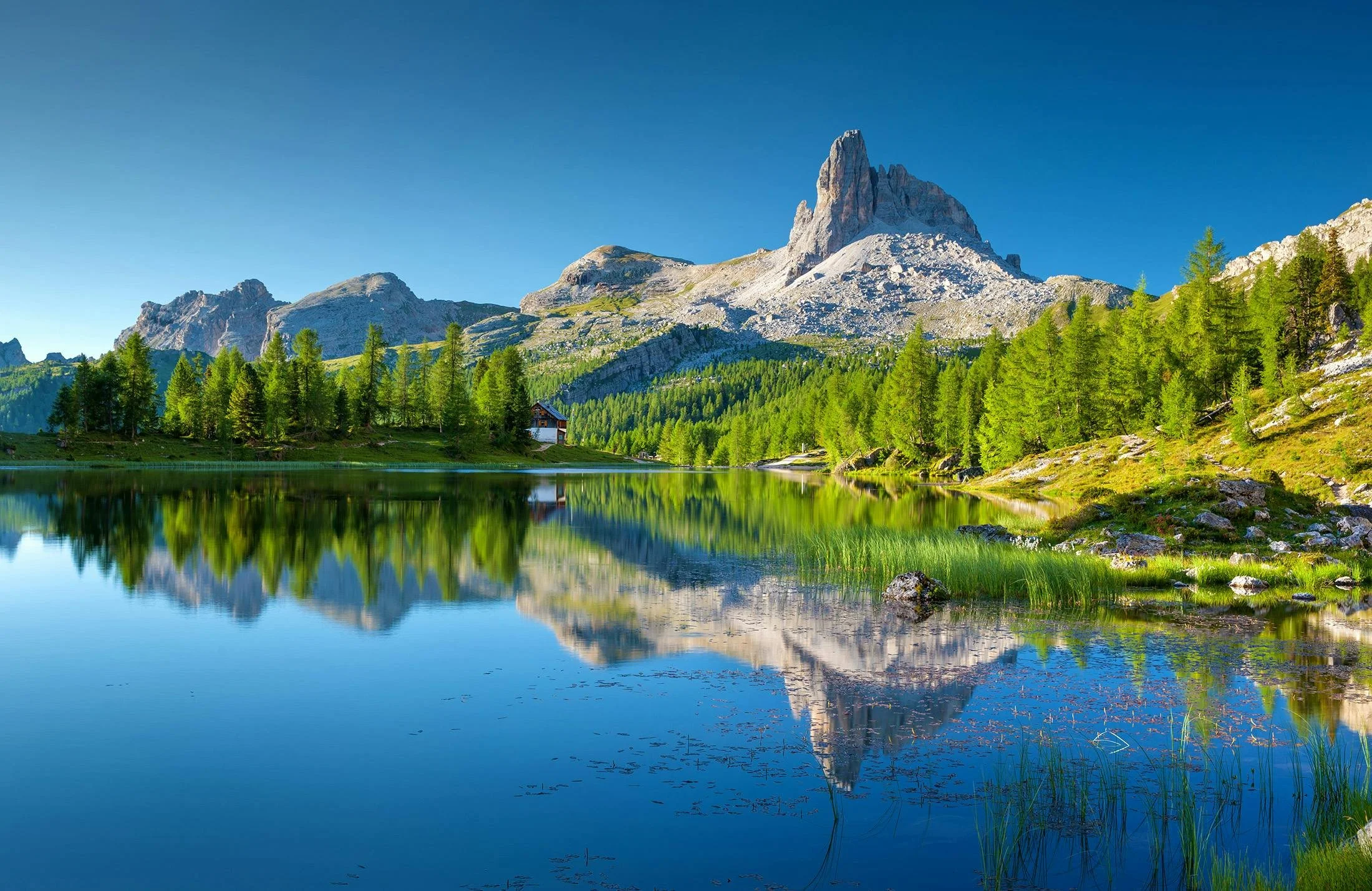 A serene mountain landscape with a calm lake reflecting the green pine trees, rugged mountains, and clear blue sky.