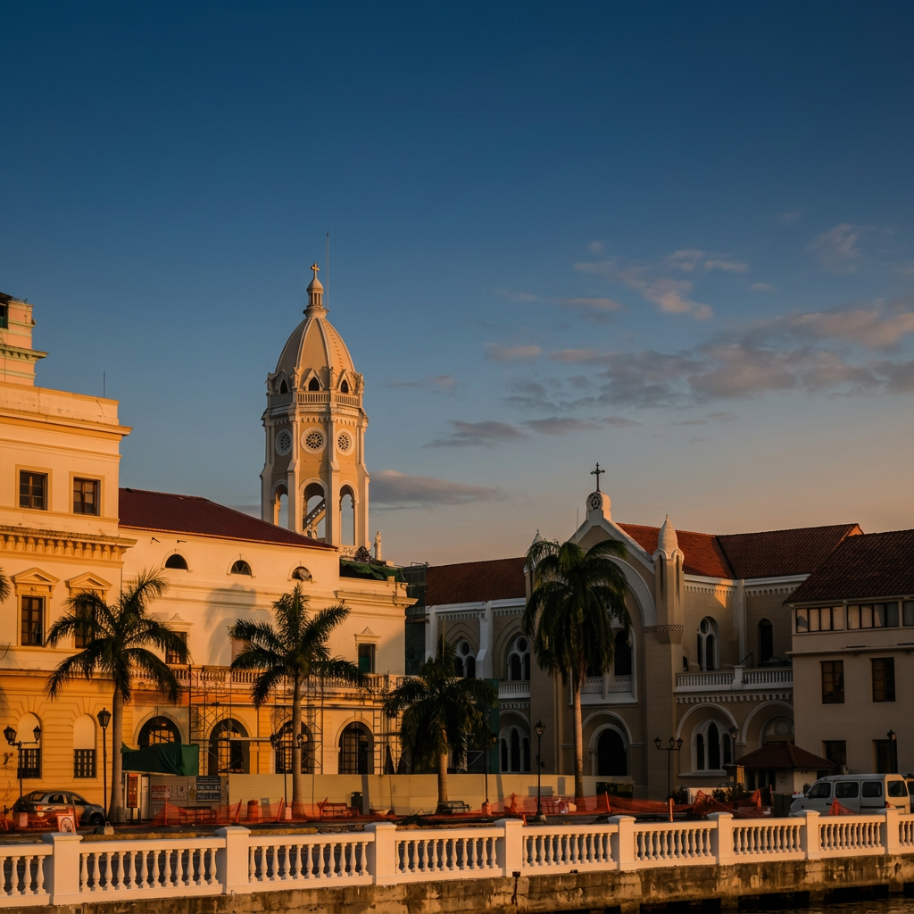 Casco Antiguo Panama cobblestone street — evening golden light walk