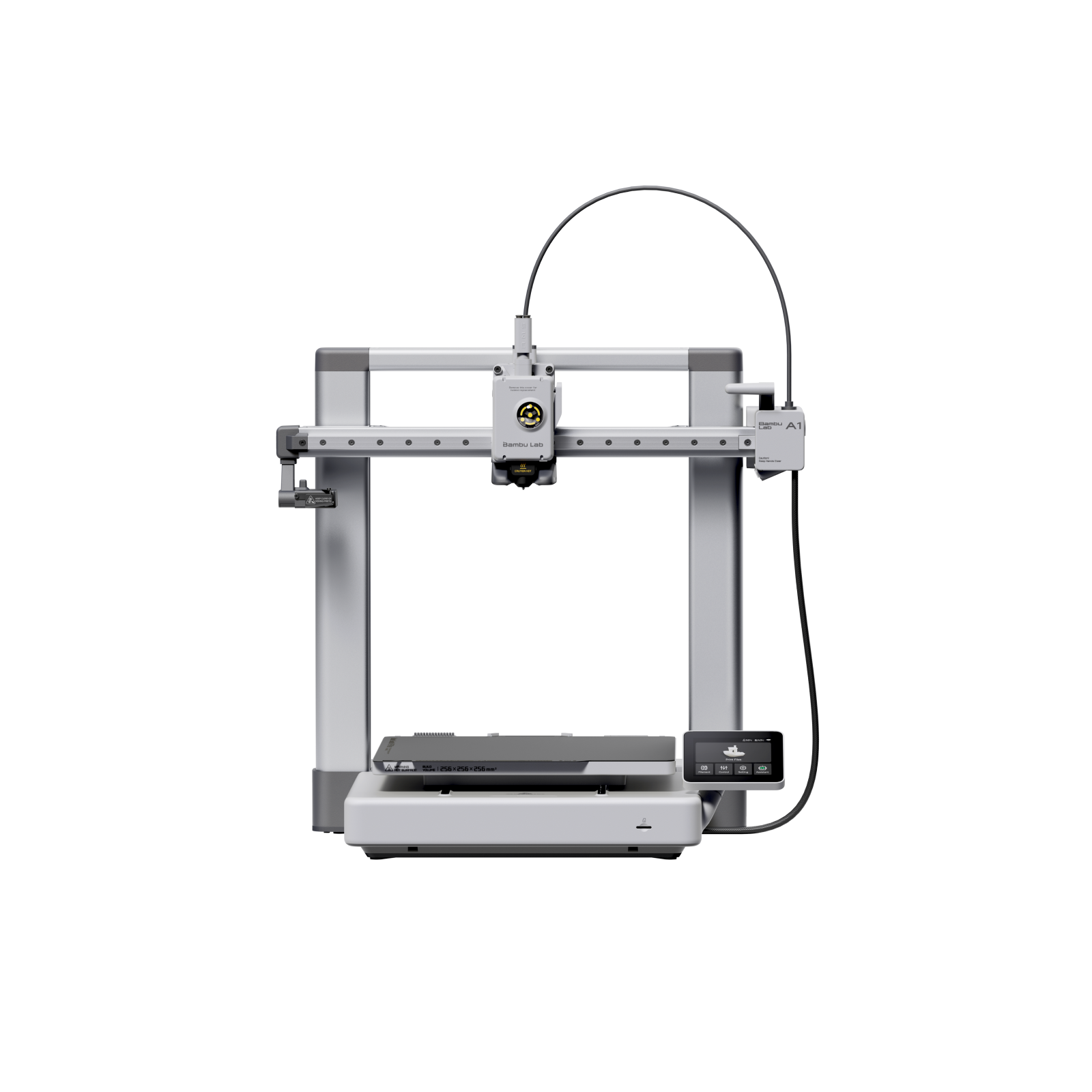 A Bambu Lab 3D printer with a sleek white and gray design and digital control panel.