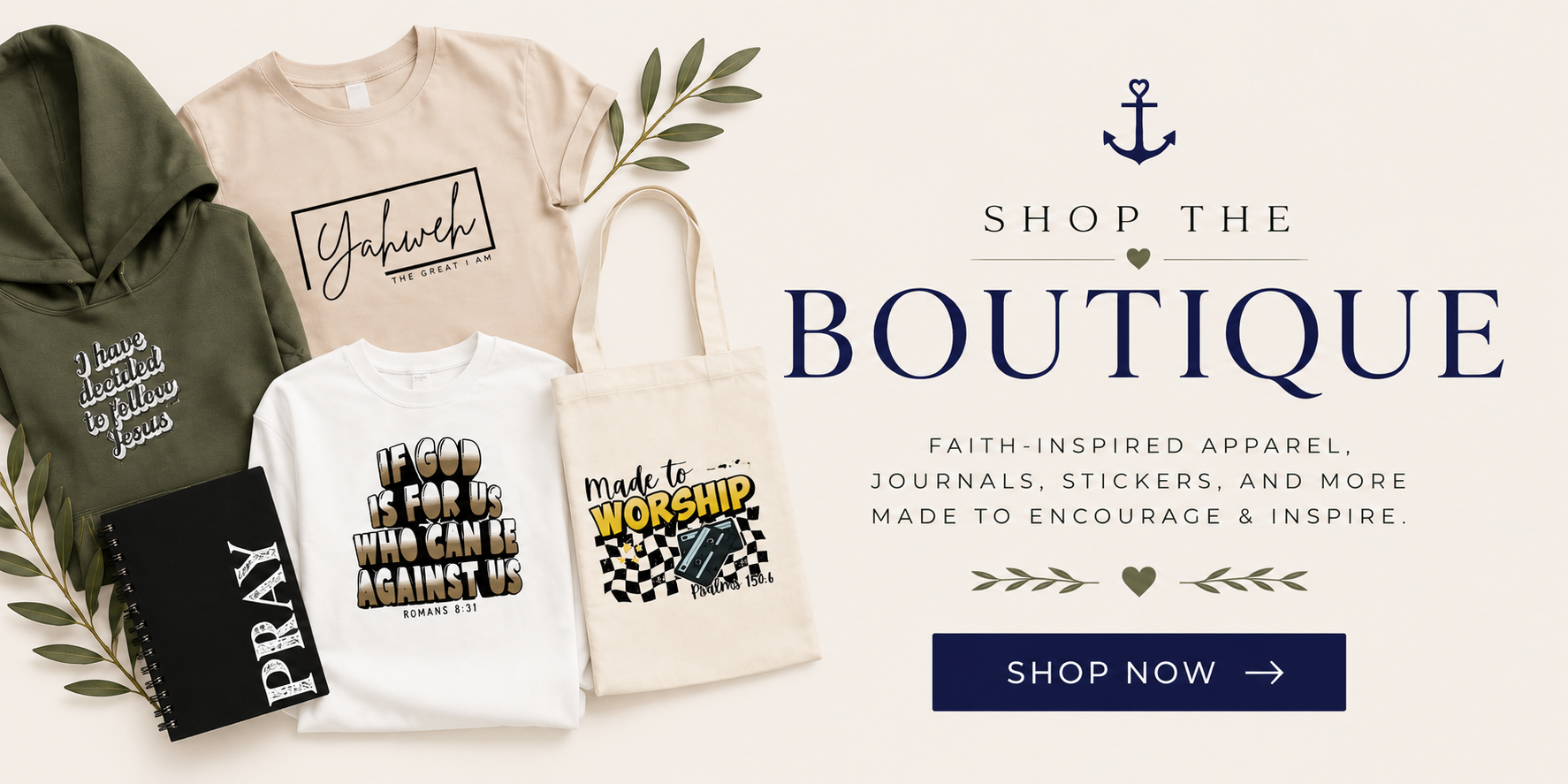 Christian faith-inspired apparel including t-shirts with religious messages, a journal labeled "PRAY," a tote bag with a worship design, and a sticker sheet, arranged with green leaves on a light background.