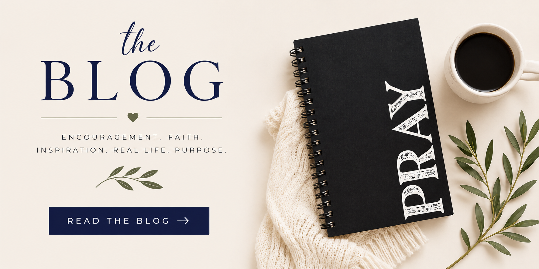 A blog promotion image with the text 'the BLOG'. Features a black journal with 'DREAM' written vertically on its cover, a cup of black coffee, some green leaves, and a white knitted cloth.