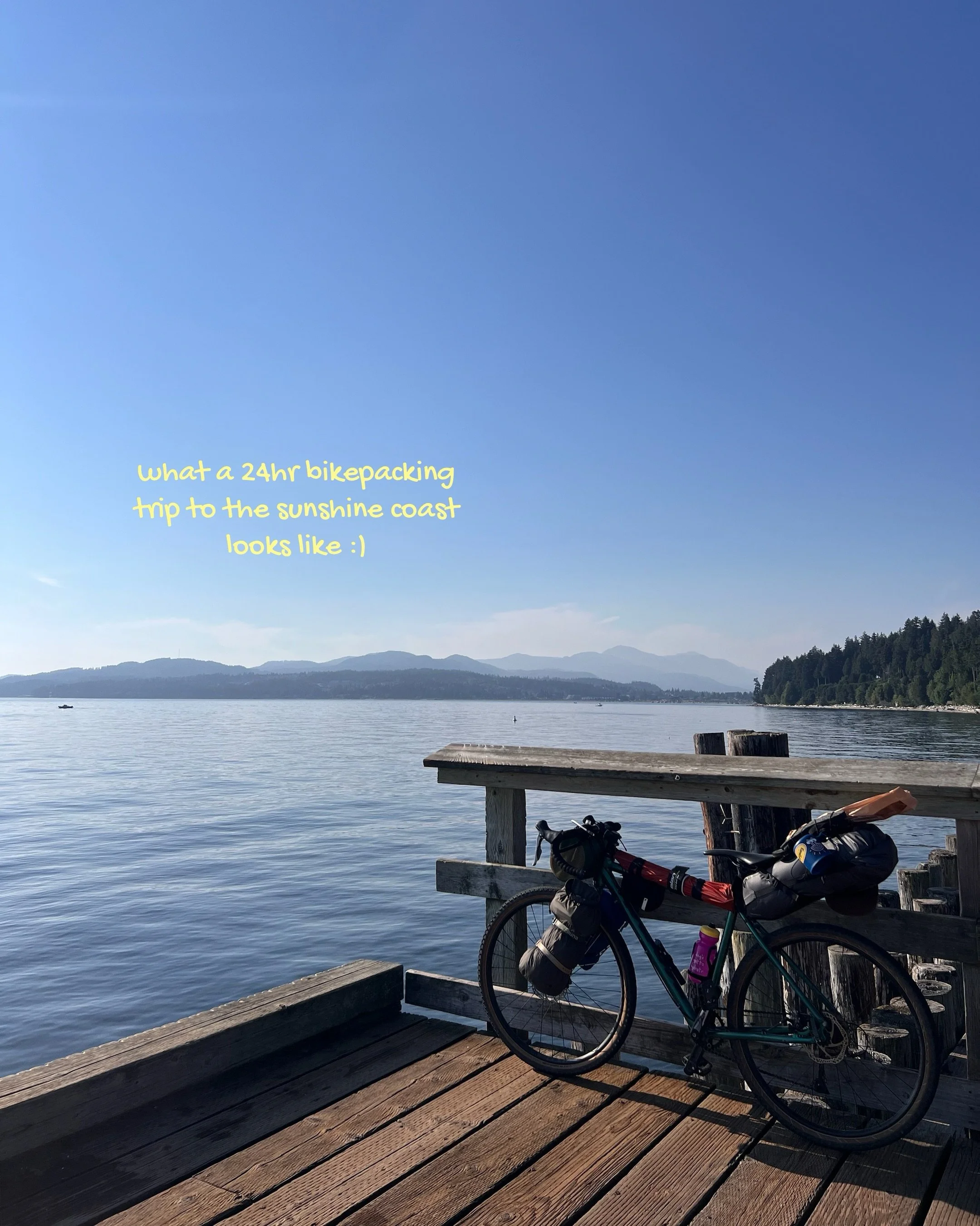 Turns out 24 hours is enough time to drive to HB, pack my bike, take a delayed ferry to the Sunshine Coast, bop around the cute lil town of Gibsons, buy a baguette, bike to @sundaycider and have a cider before continuing the bike to camp and a swim. 