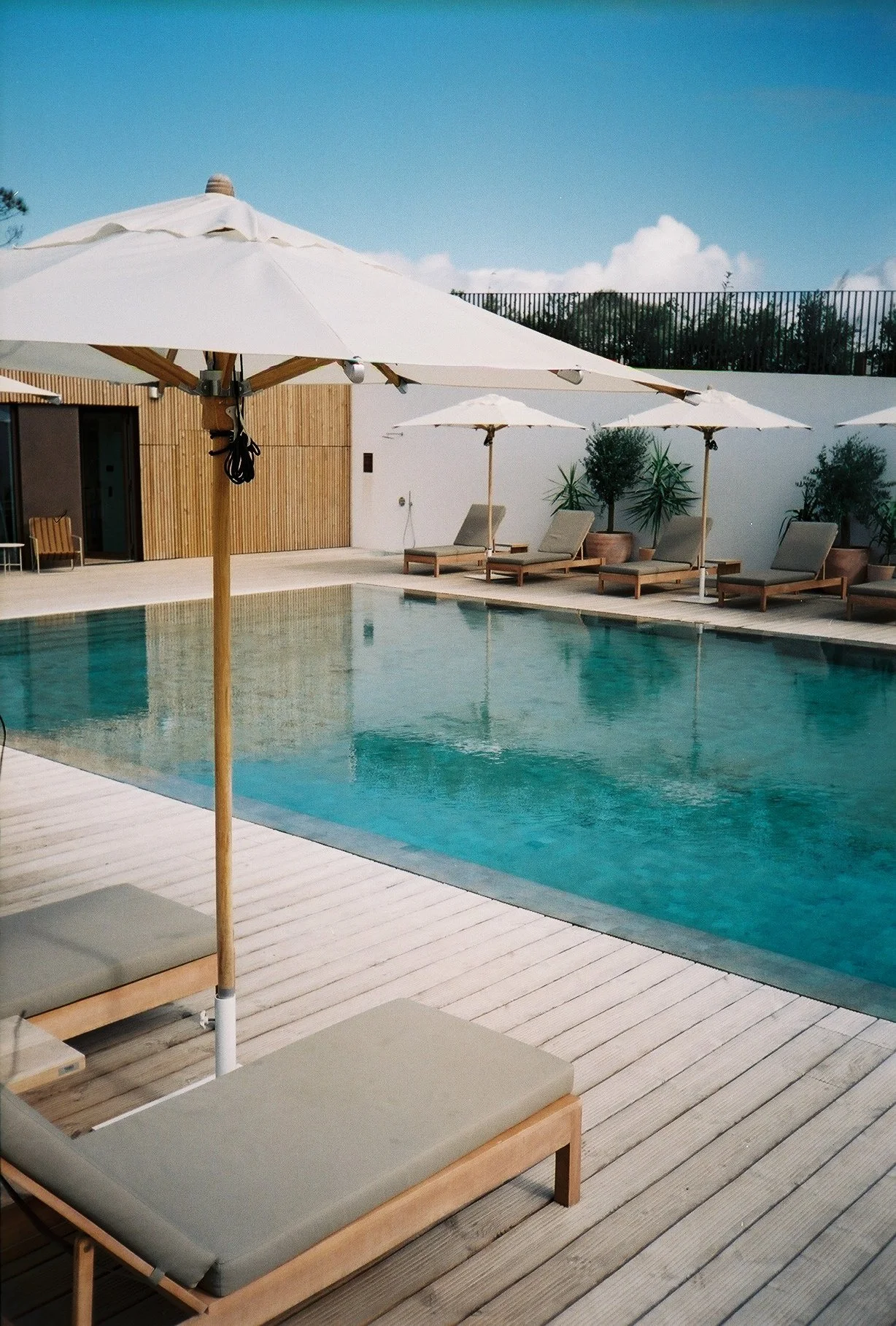 A modern outdoor swimming pool surrounded by wooden deck chairs with beige cushions and white umbrellas, with a white wall and some potted plants in the background under a blue sky in Ericieria, Portugal