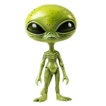 Cartoon green alien with large eyes and thin body