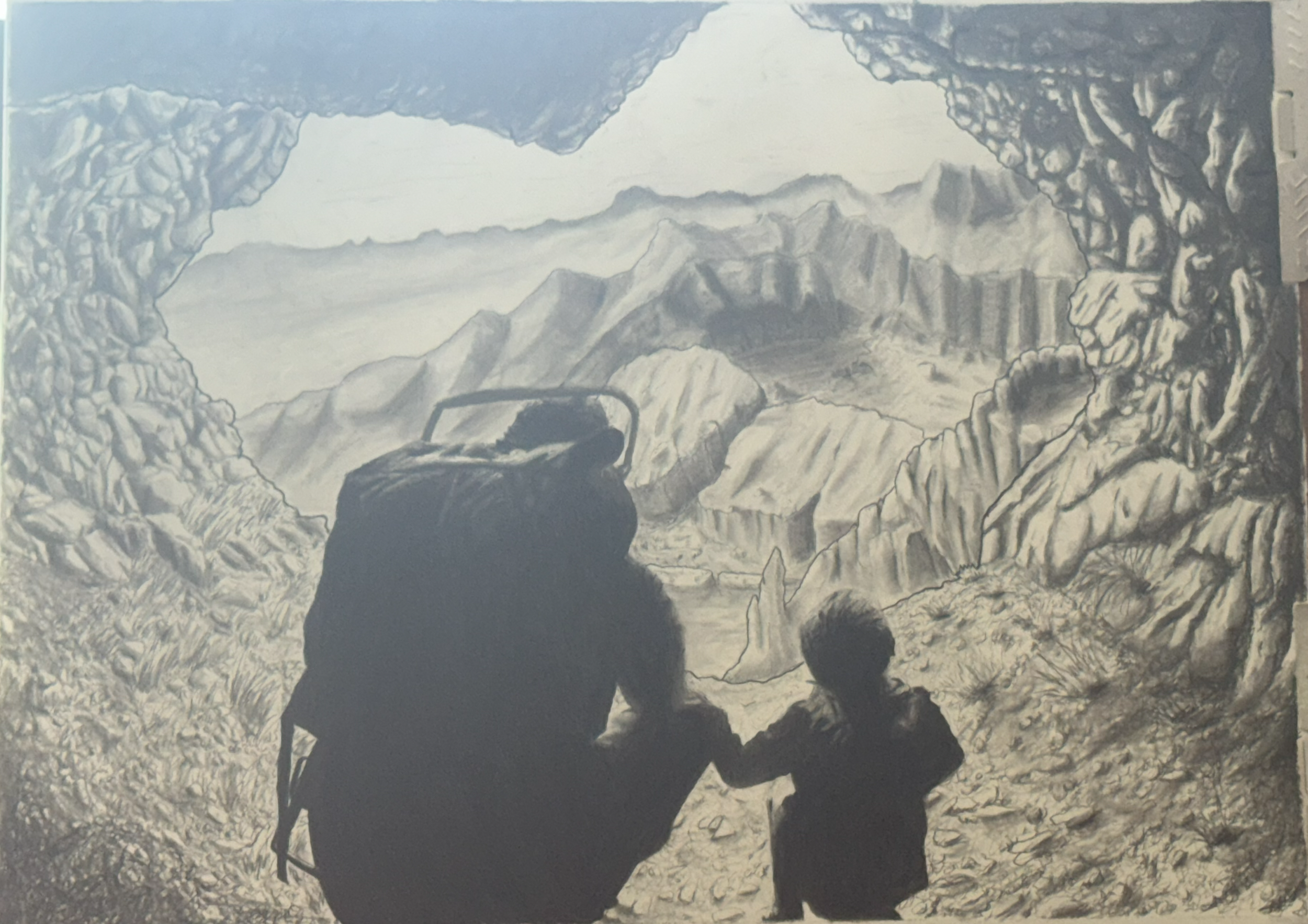 illustration of a man and child in a cave opening