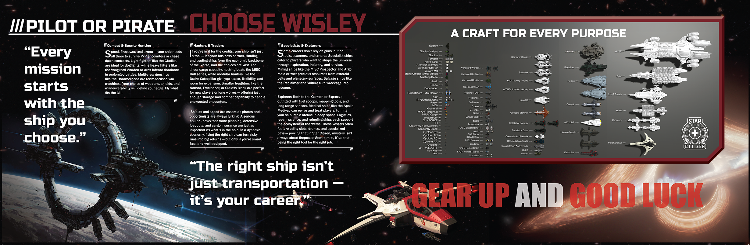 A promotional space-themed infographic panel with spacecraft illustrations, spaceship specifications, and motivational quotes about careers in space exploration.