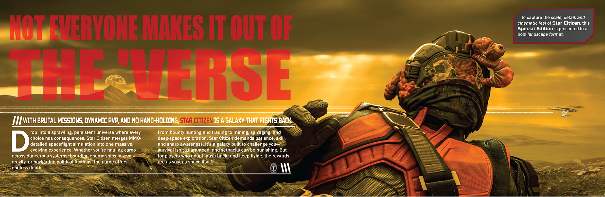 A promotional image for the game Star Citizen featuring a humanoid character with a frog face in a spacesuit, holding a backpack or equipment, looking at a landscape with a sunset and distant planets.