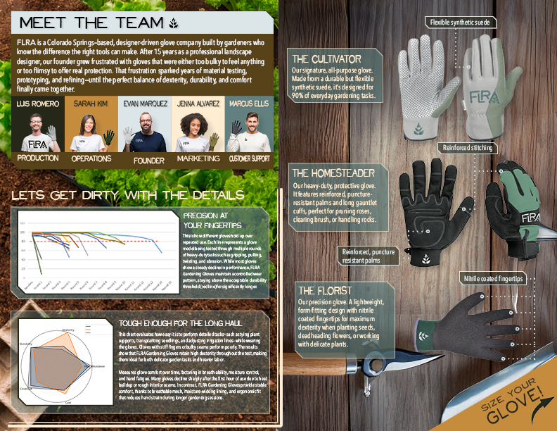 Image of gardening gloves and tools with descriptions, including the cultivator, the homesteader, and the florist gloves, alongside a pair of pruning shears and a trowel.