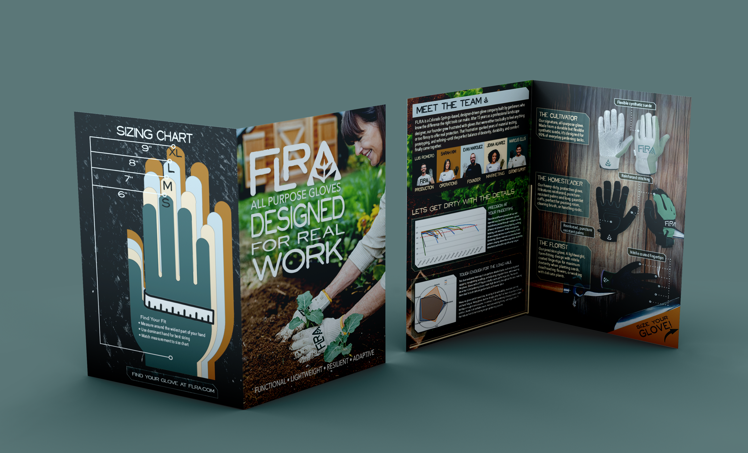 Brochure promoting all purpose gloves for real work, with a sizing chart, product features, and images of gloves for various tasks like gardening, farming, and cleaning.