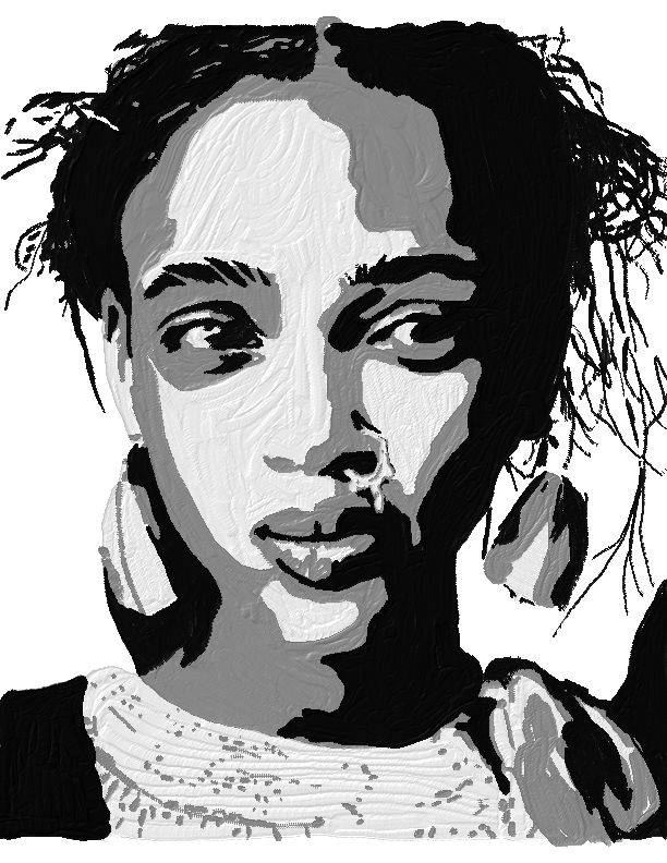 black and white  digital painting of Aya Jones Cristano Miretti