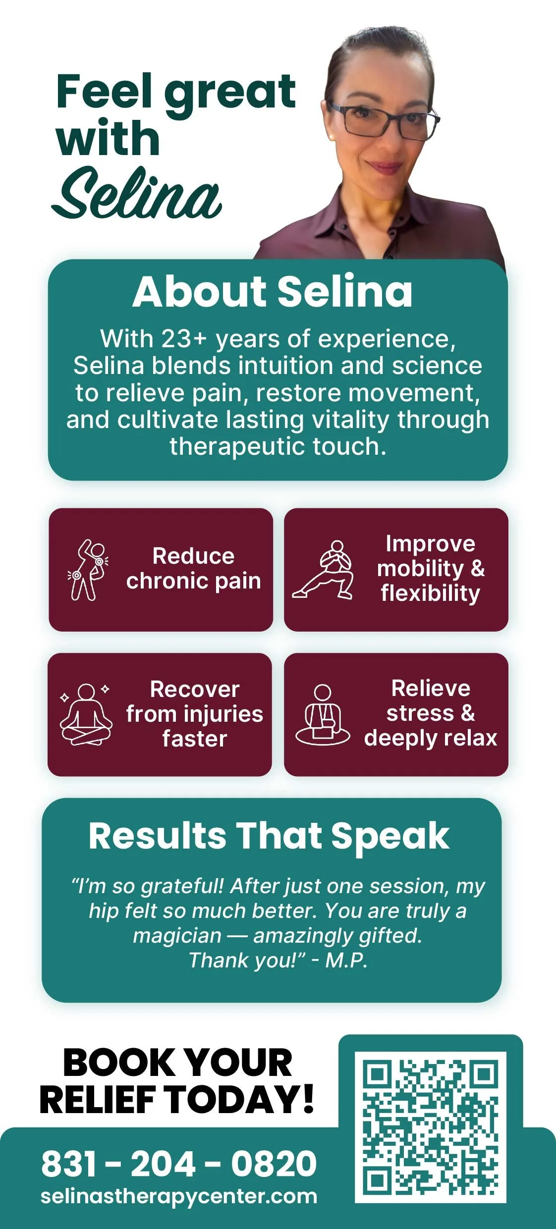 Back of massage rack card with therapist bio, benefits, testimonials, and QR code booking