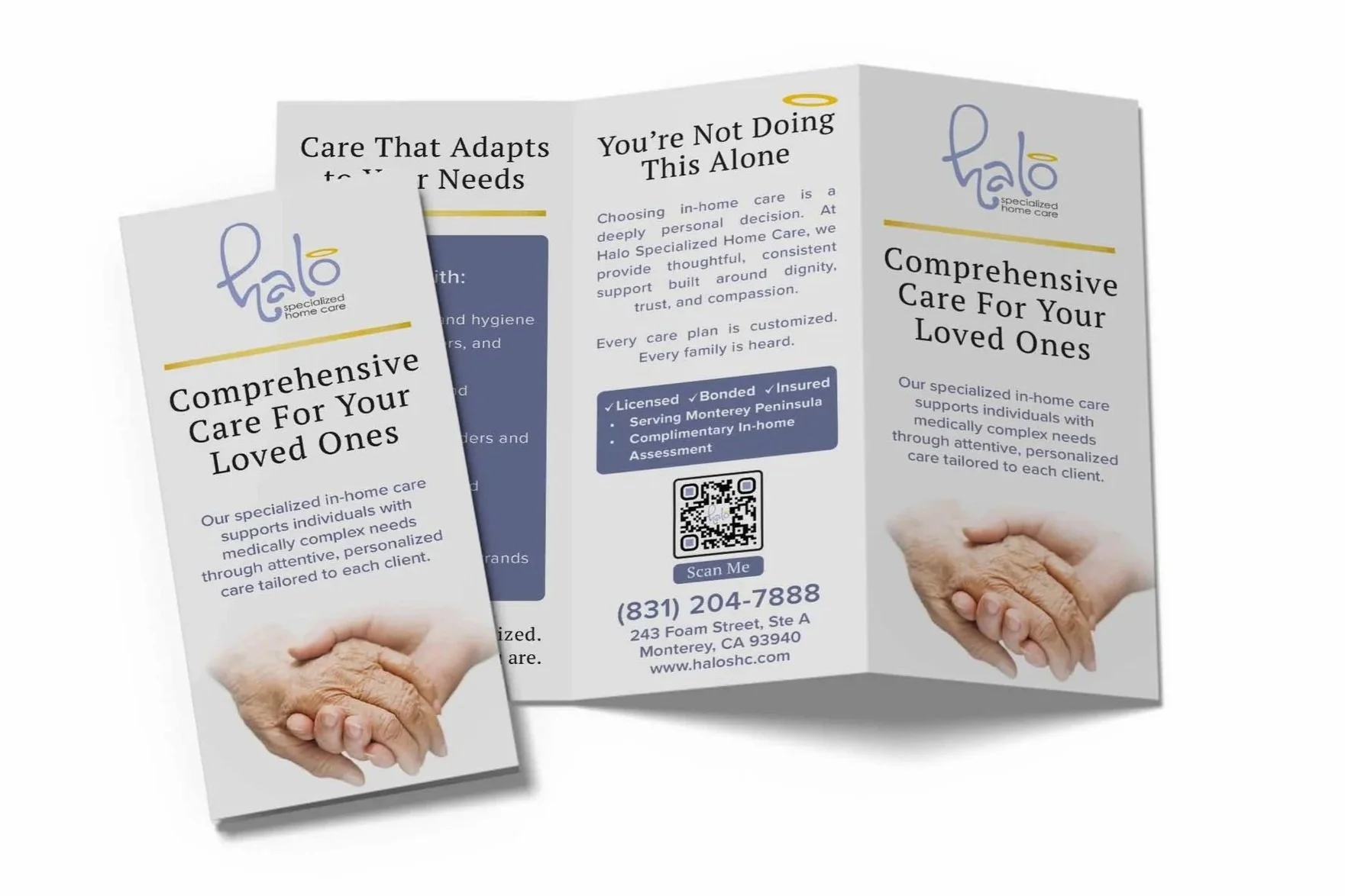 Tri-panel Z-fold brochure mockup showing folded panels with branding, services, and contact information