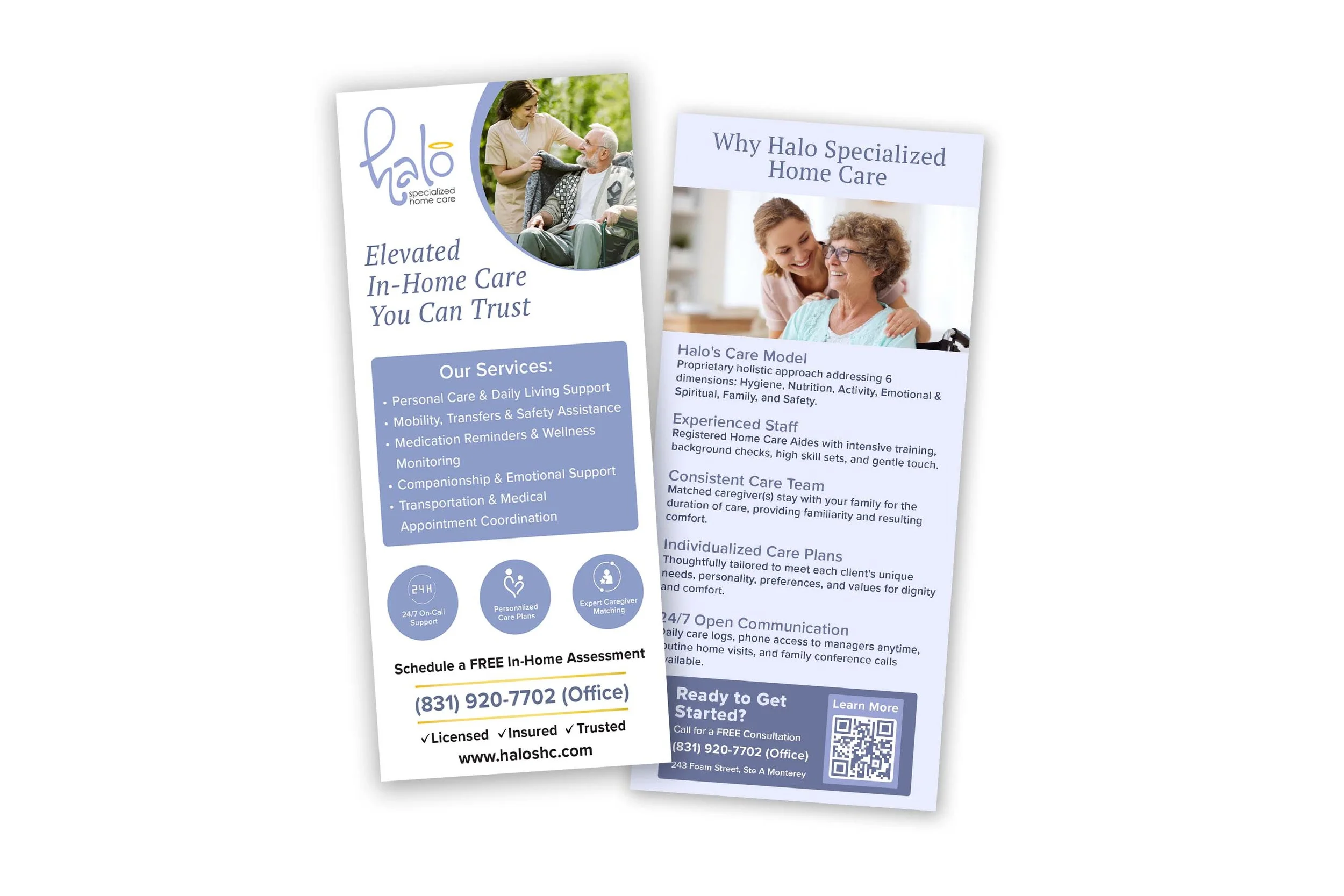 Rack card mockup for home care services showing clean layout with caregiver imagery and service highlights