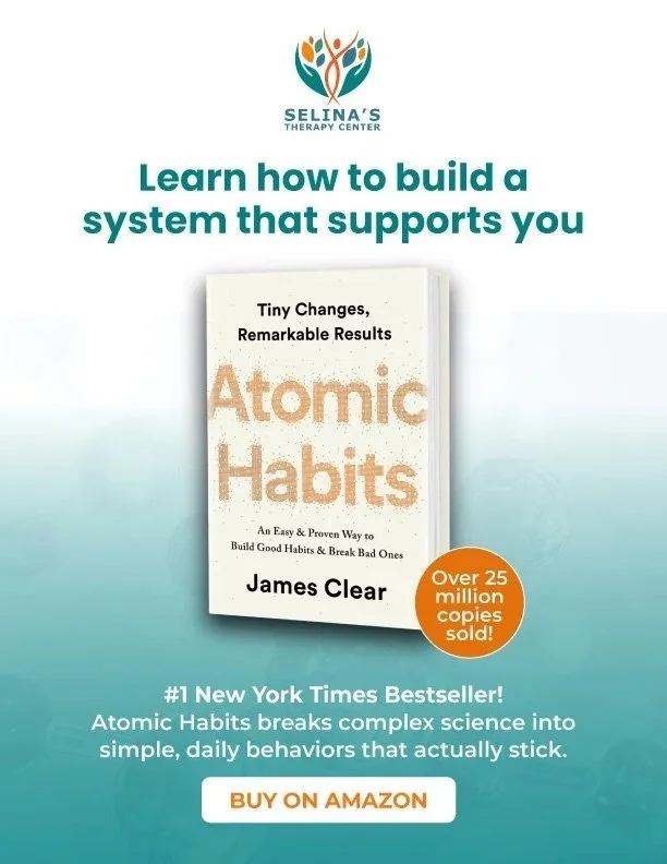 Advertisement for Selina's Therapy Center featuring the book 'Atomic Habits' by James Clear, promoting learning how to build supportive systems and break bad habits. Includes a call to action to buy on Amazon and highlights the book's success with over 25 million copies sold.