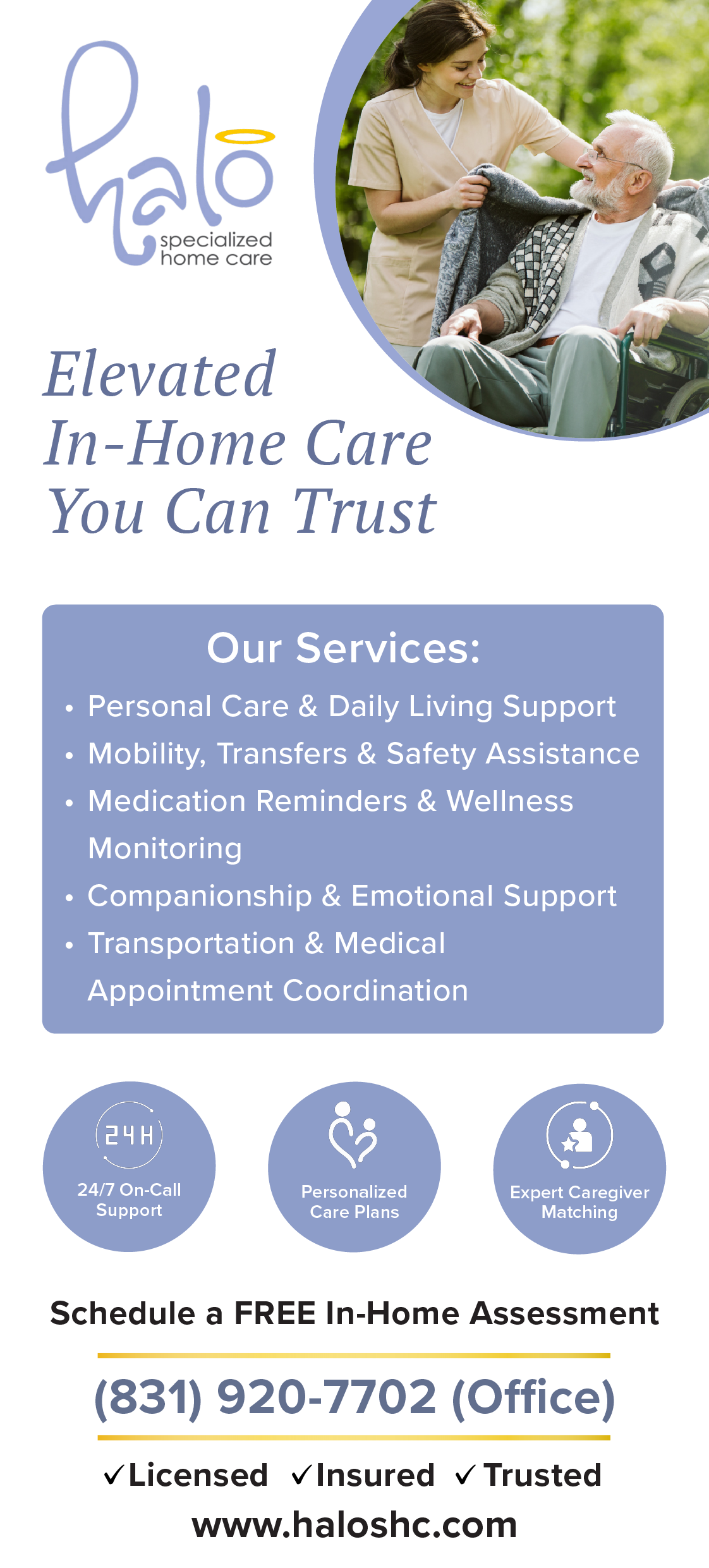 Front of rack card featuring home care services, elderly support imagery, and trust-focused messaging