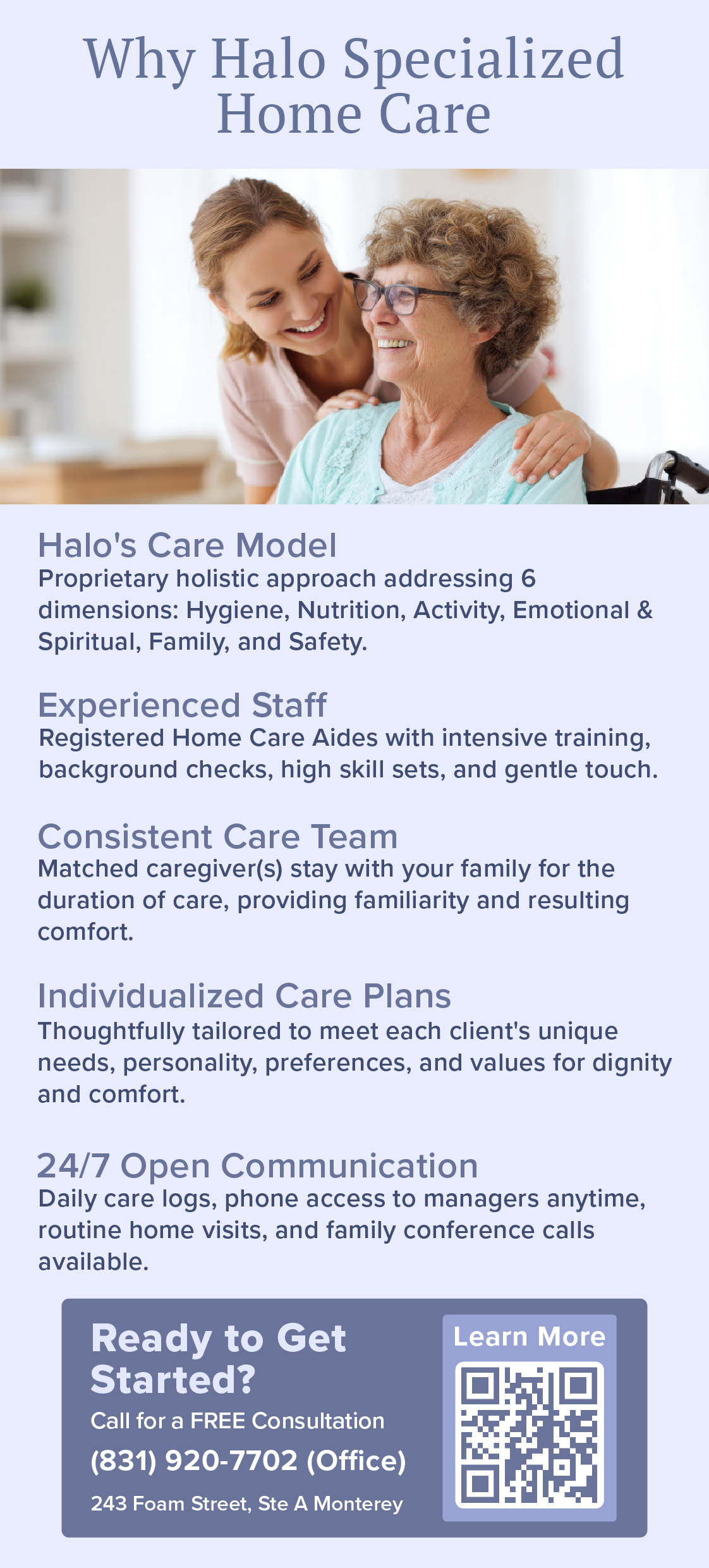 Back of rack card with detailed care services, benefits, and contact information with QR code