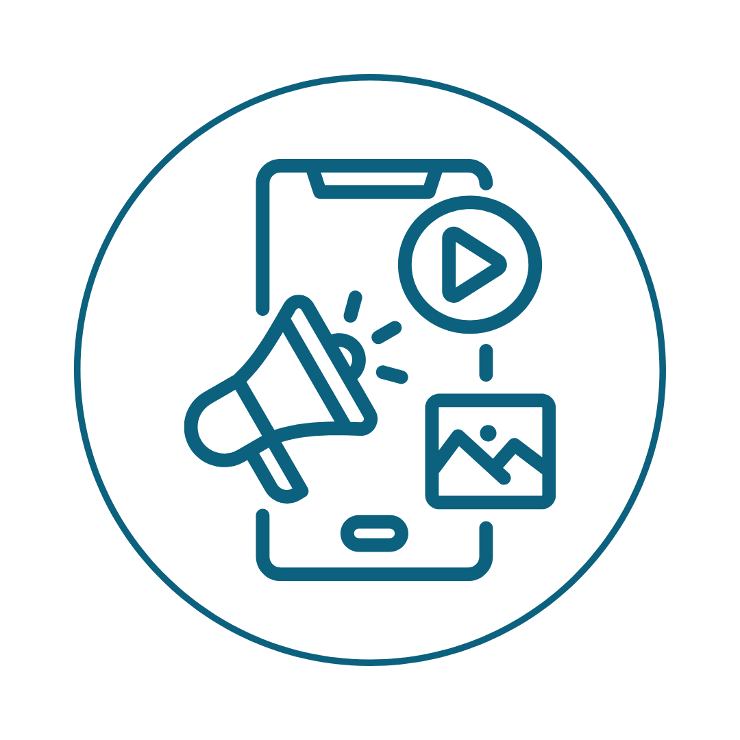 Marketing content icon with social media, video, and image symbols for local brand growth