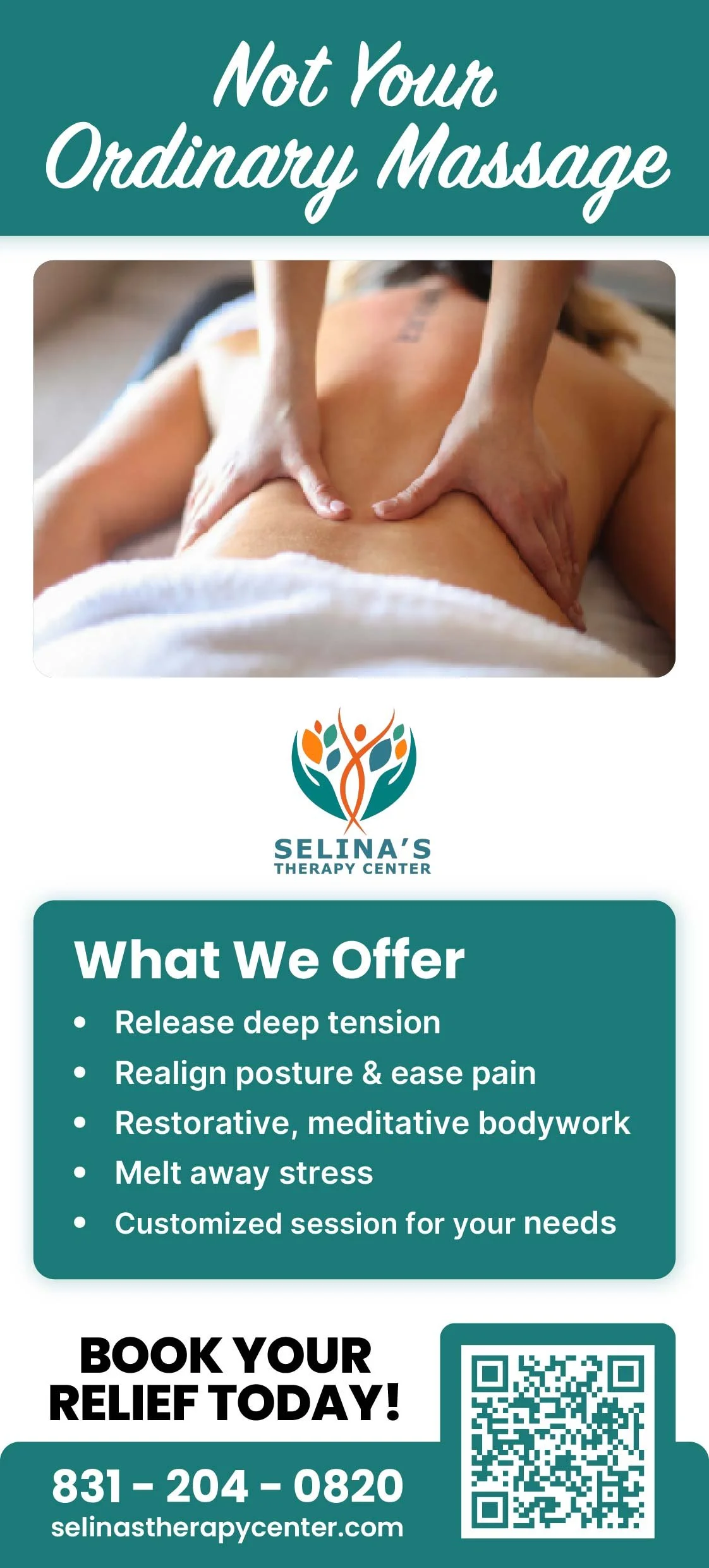 Front of massage rack card featuring hands-on bodywork image and headline not your ordinary massage