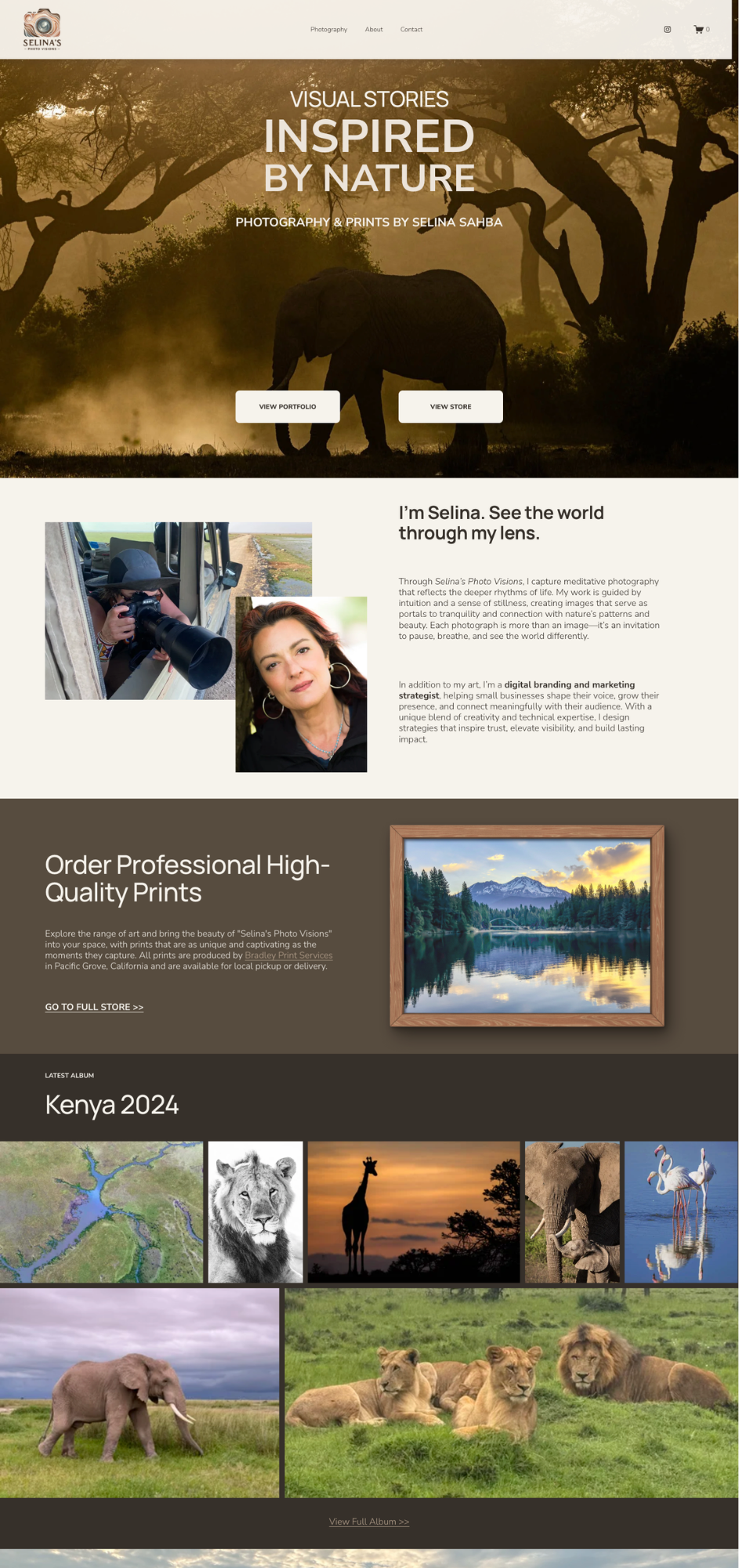 Webpage homepage for Selina's Photography, featuring a large background image of an elephant in a savannah with trees at sunrise or sunset. Text on the page promotes nature-inspired visual stories and photography. Includes navigation links at the top, and sections about the photographer Selina, available prints, and a gallery of African wildlife, including lions, elephants, giraffes, and flamingos.