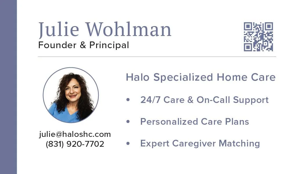 Home care business card layout featuring elderly care imagery and structured typography