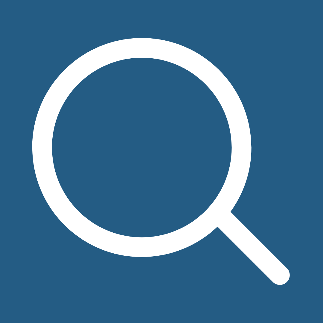 Magnifying glass icon on a blue background.