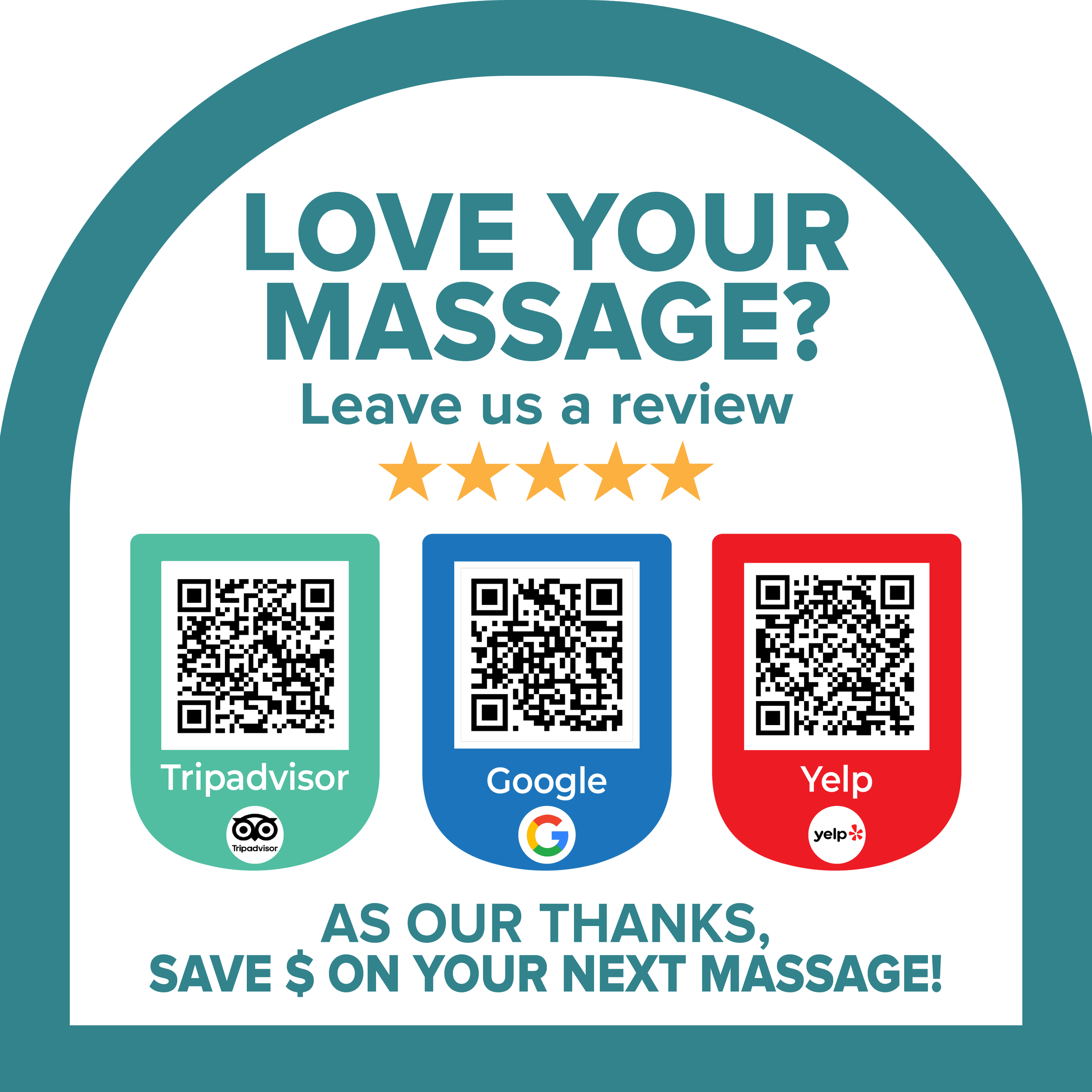 A sign asking for reviews for a massage business, with the question 'Love your massage? Leave us a review' and five orange stars. The sign features three QR codes for review platforms: Tripadvisor, Google, and Yelp. The bottom text reads 'As our thanks, save $ on your next massage!'
