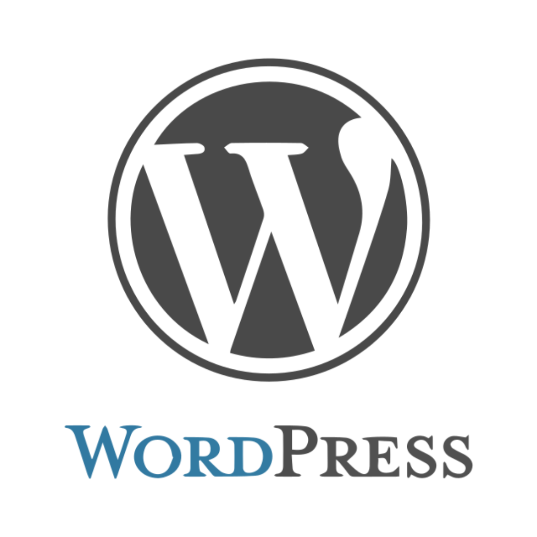 Black and gray WordPress logo with word 'WordPress' below