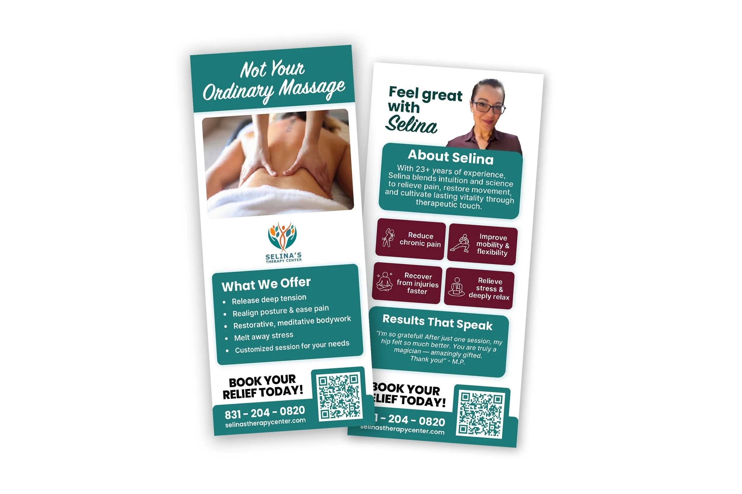 Massage therapy rack card design with teal branding, service list, and booking call to action