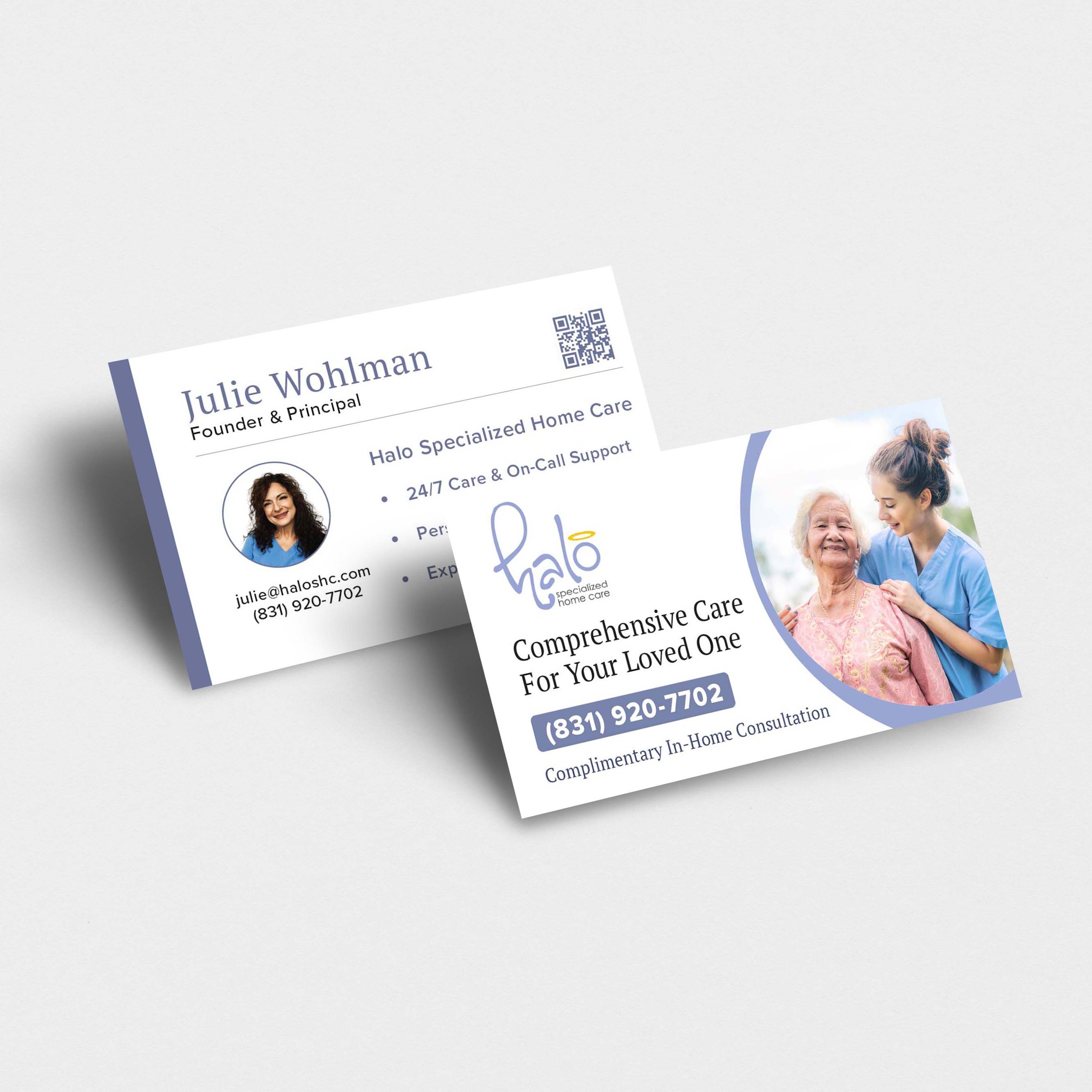 Business card mockup for home care company showing clean professional design with caregiver branding and contact details