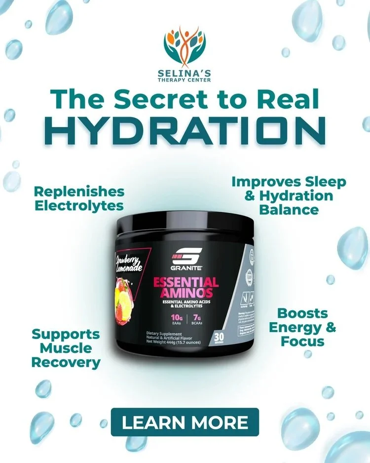A promotional poster for a dietary supplement called 'Essential Aminos' by Granite, with a focus on hydration benefits including electrolyte replenishment, improved sleep, energy boost, and muscle recovery, and featuring a 'Learn More' button.