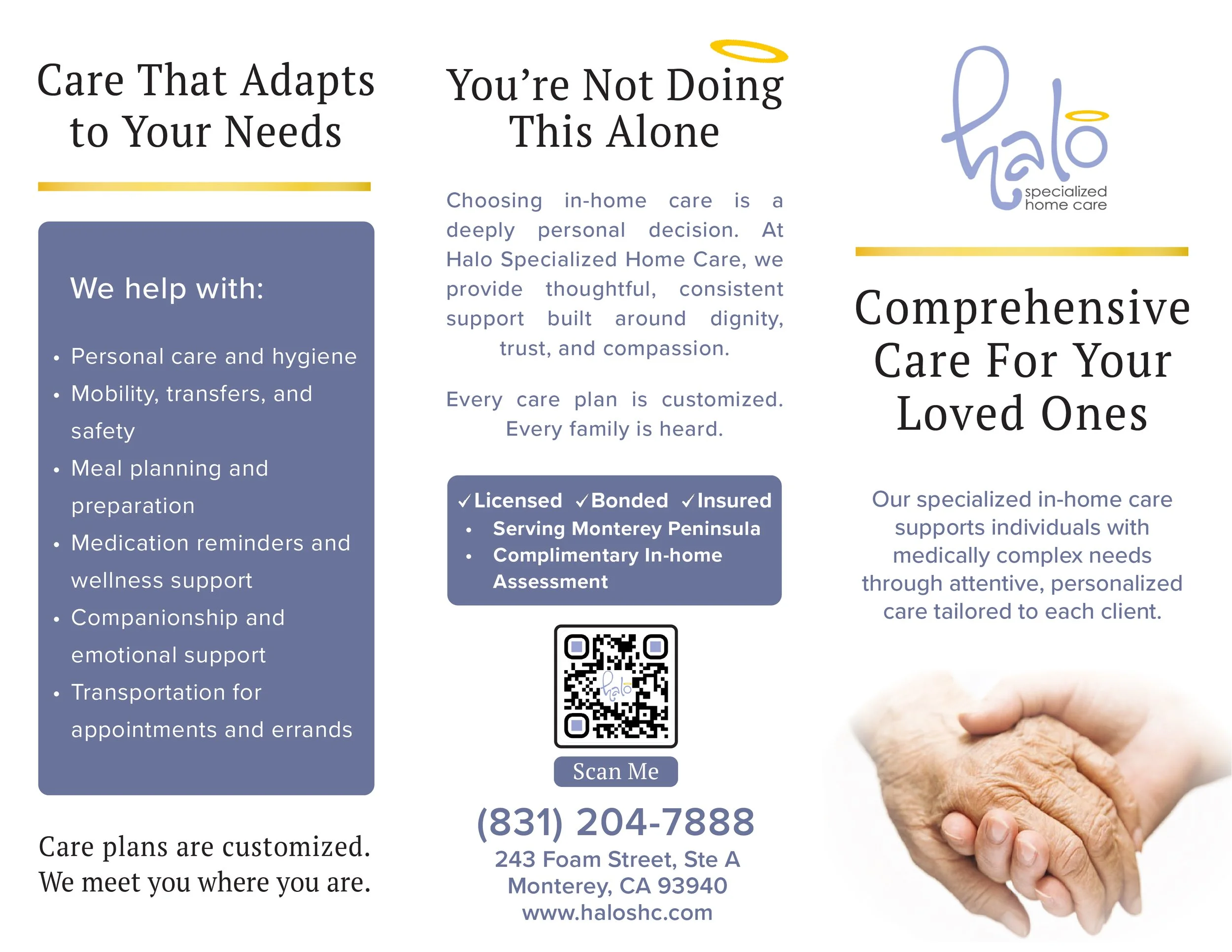Inside brochure layout displaying structured sections with services, care details, and QR code