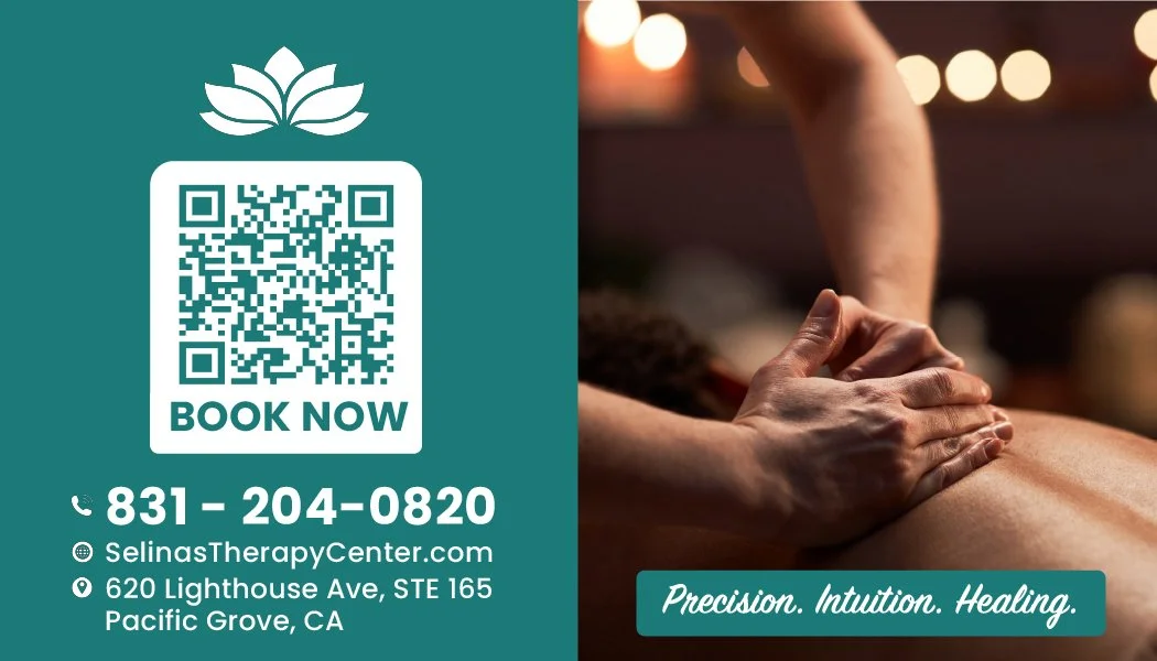 Massage business card with QR code for booking and contact information for therapy services