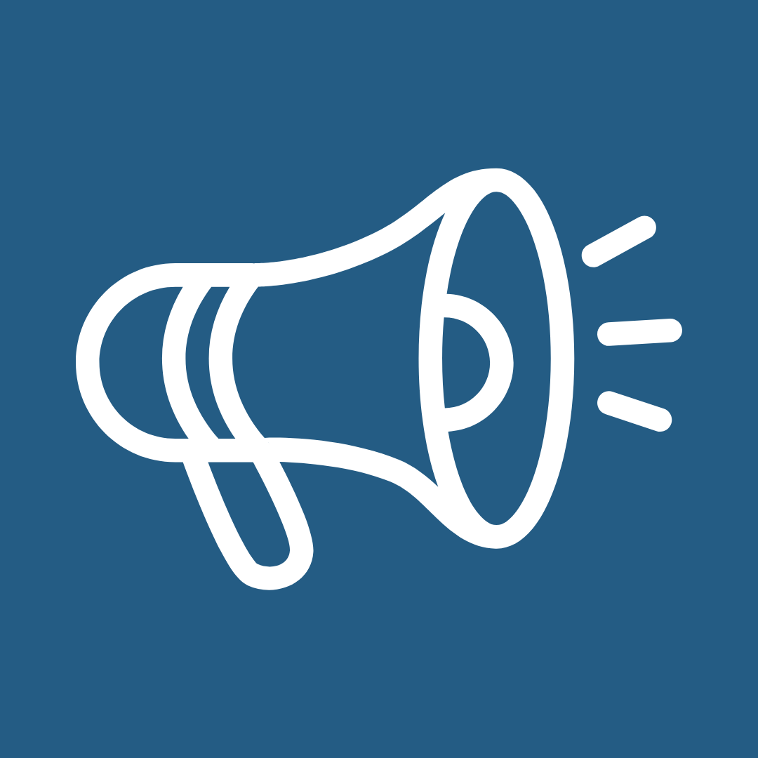 Icon of a megaphone emitting sound waves on a blue background.