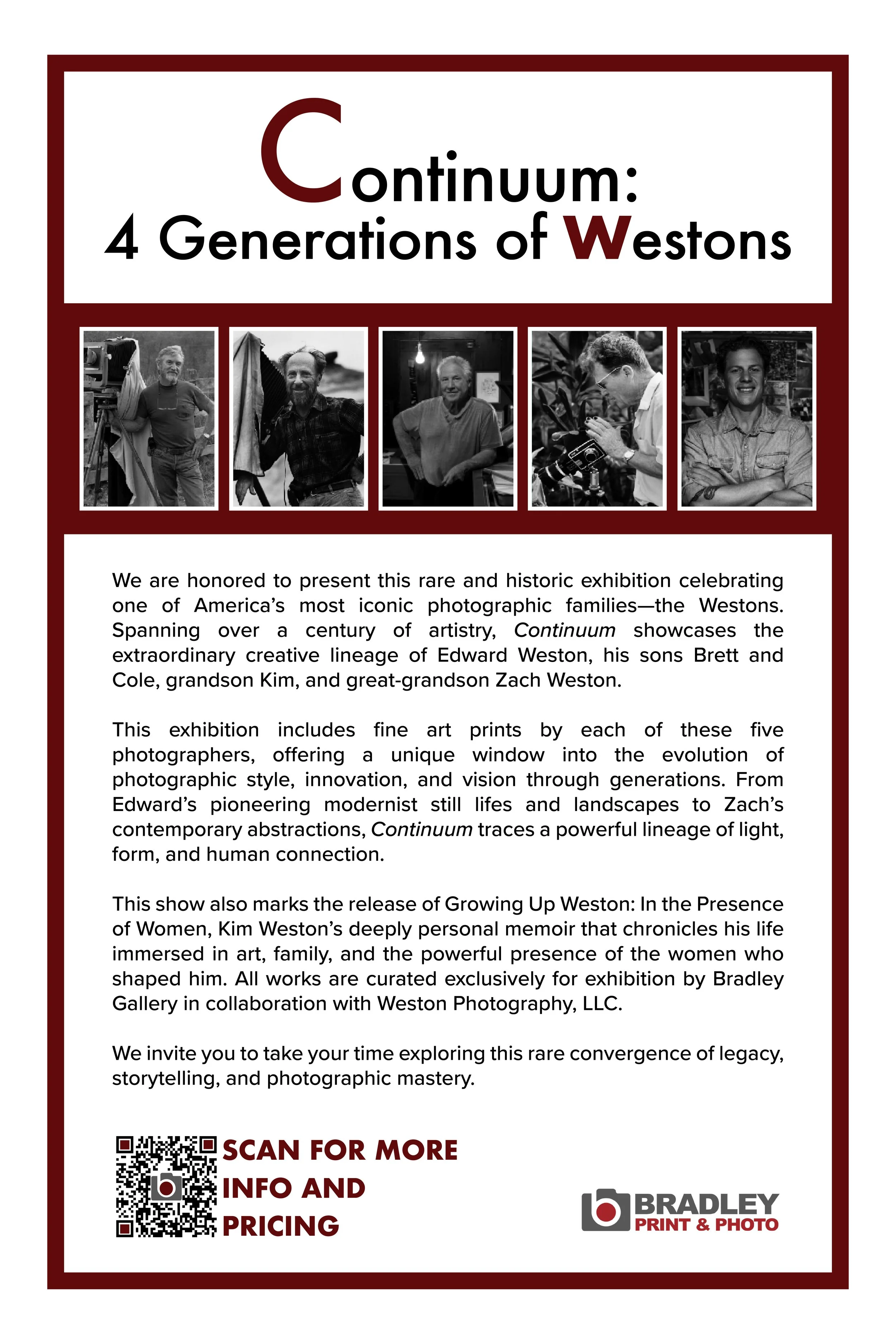 Poster for an art exhibition titled 'Continuum: 4 Generations of Westons,' featuring photos of five photographers and inviting viewers to explore the legacy of the Weston family in photography.