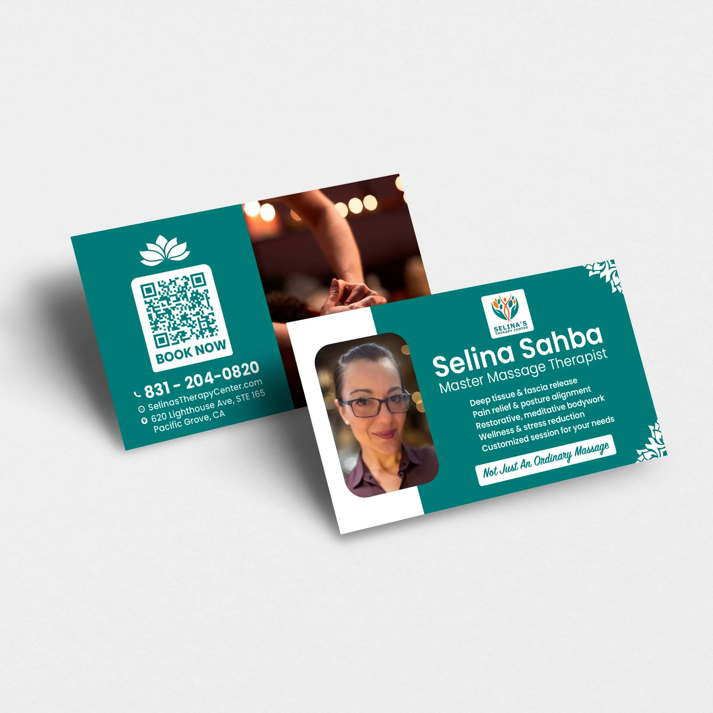 Massage therapy business card mockup with client-focused design, branding, and clear call to action