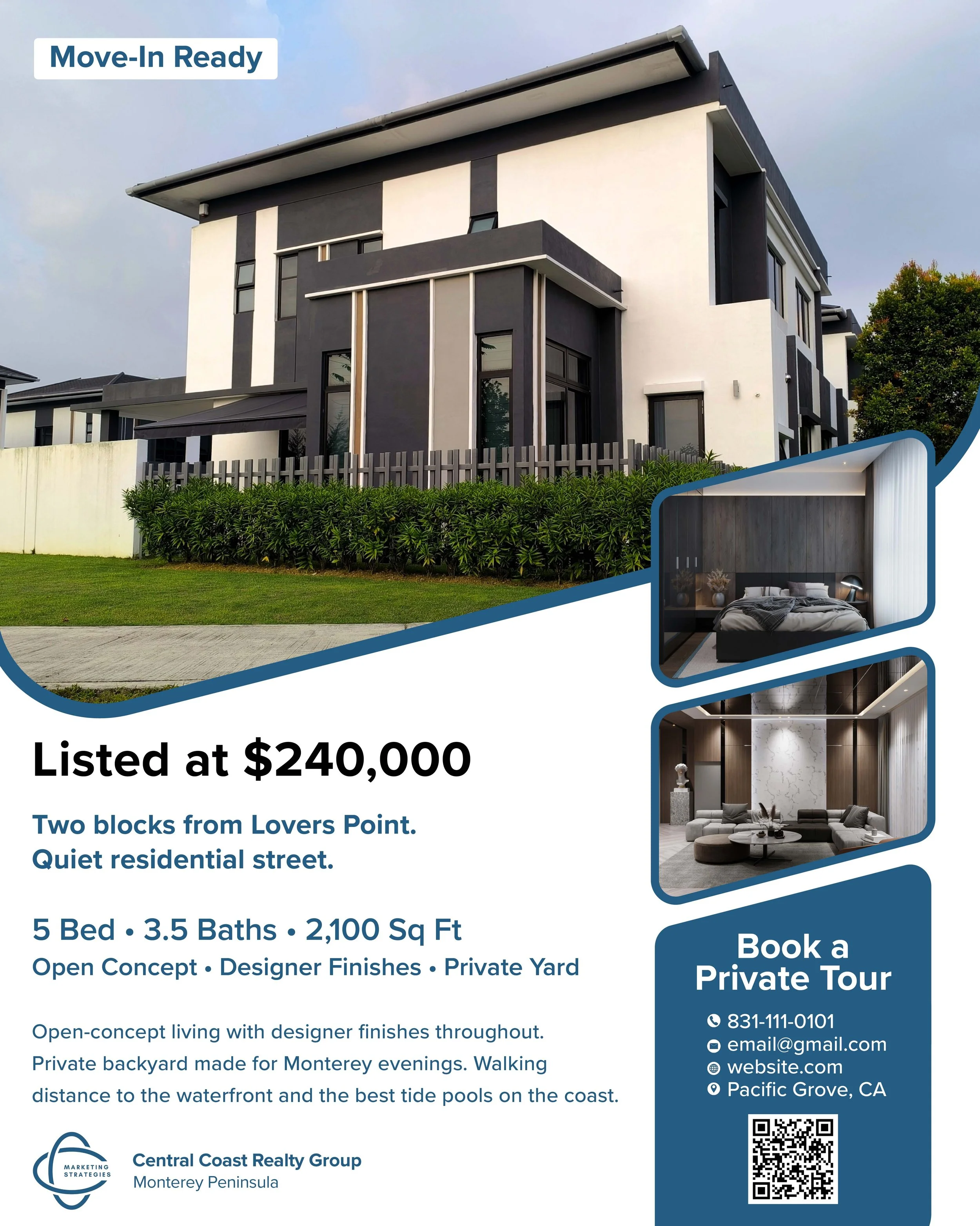 Real estate flyer featuring a modern black and white house with greenery, interior images of a bedroom and a living room, and details about a property listed at $240,000 near Lovers Point in Pacific Grove, California.